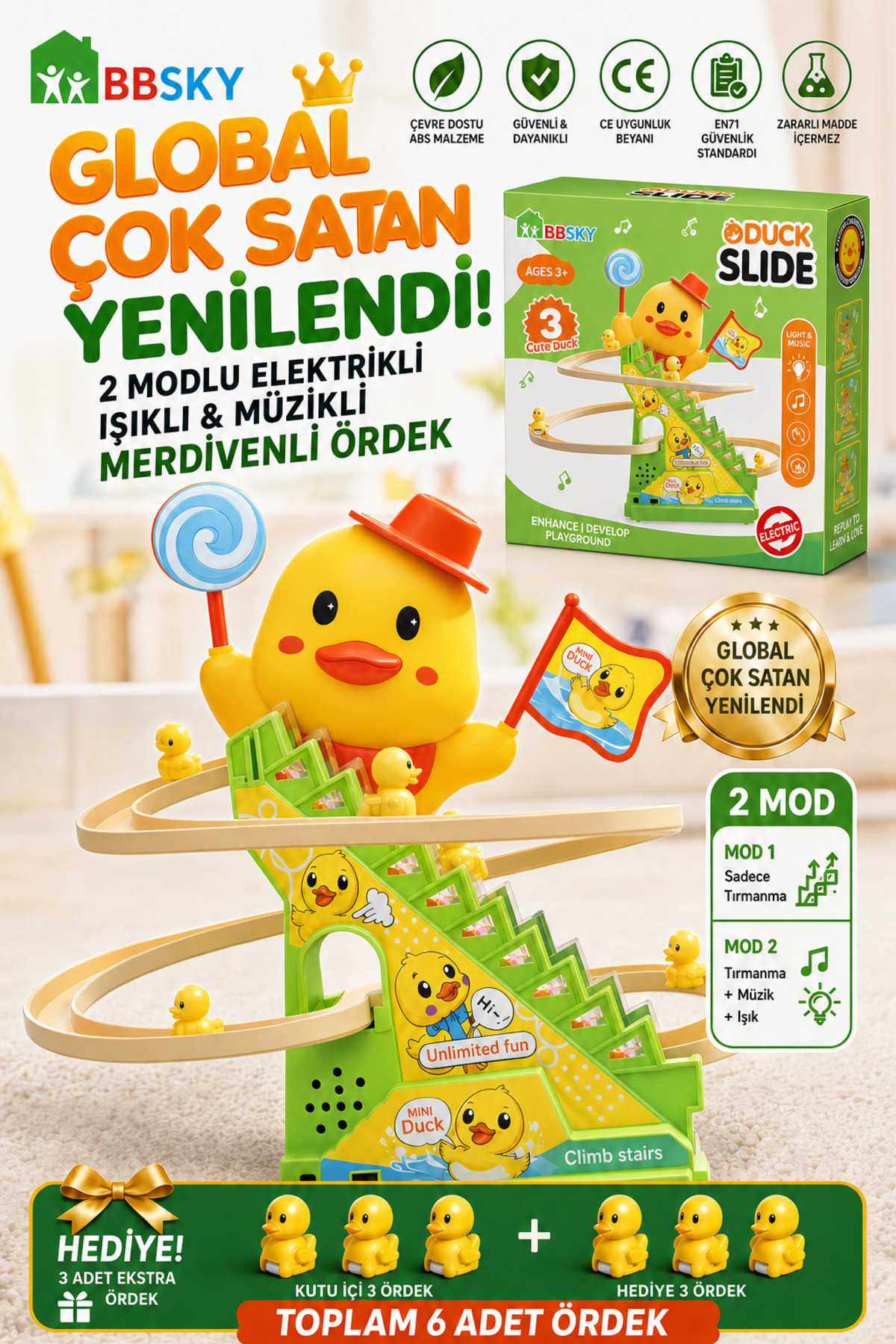 BBSKY Merdiven Çıkan Ördek Oyuncağı Işıklı Müzikli Kaydıraklı Eğitici Çocuk Oyuncağı Okul Öncesi Gelişim 3+ Yaş Yeşil