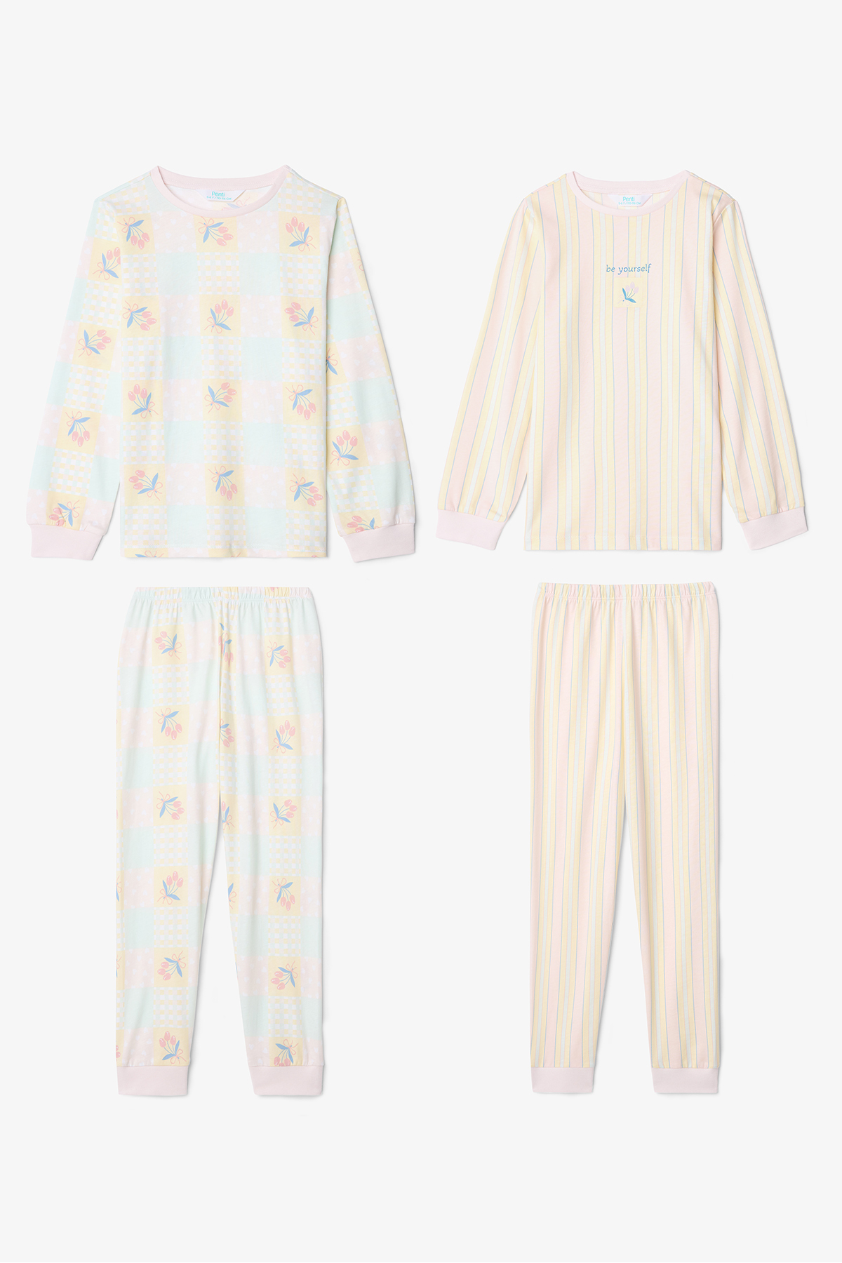 Penti Optical White Girl's Crisp Floral Pattern Long Sleeve Cotton 2-Piece Pajama Set