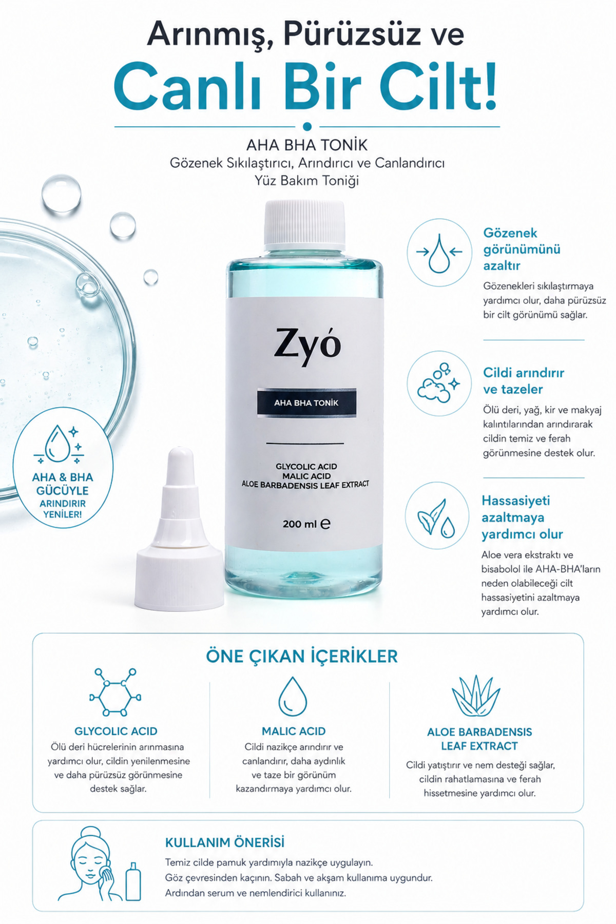 Glikolik Asit Gözenek Sıkılaştırıcı Tonik Ve Canlandırıcı Etkili Yüz Bakım Toniği (AHA %10 Glycolic Acid) 200 ml — zyo011 — تصویر 4 از 5