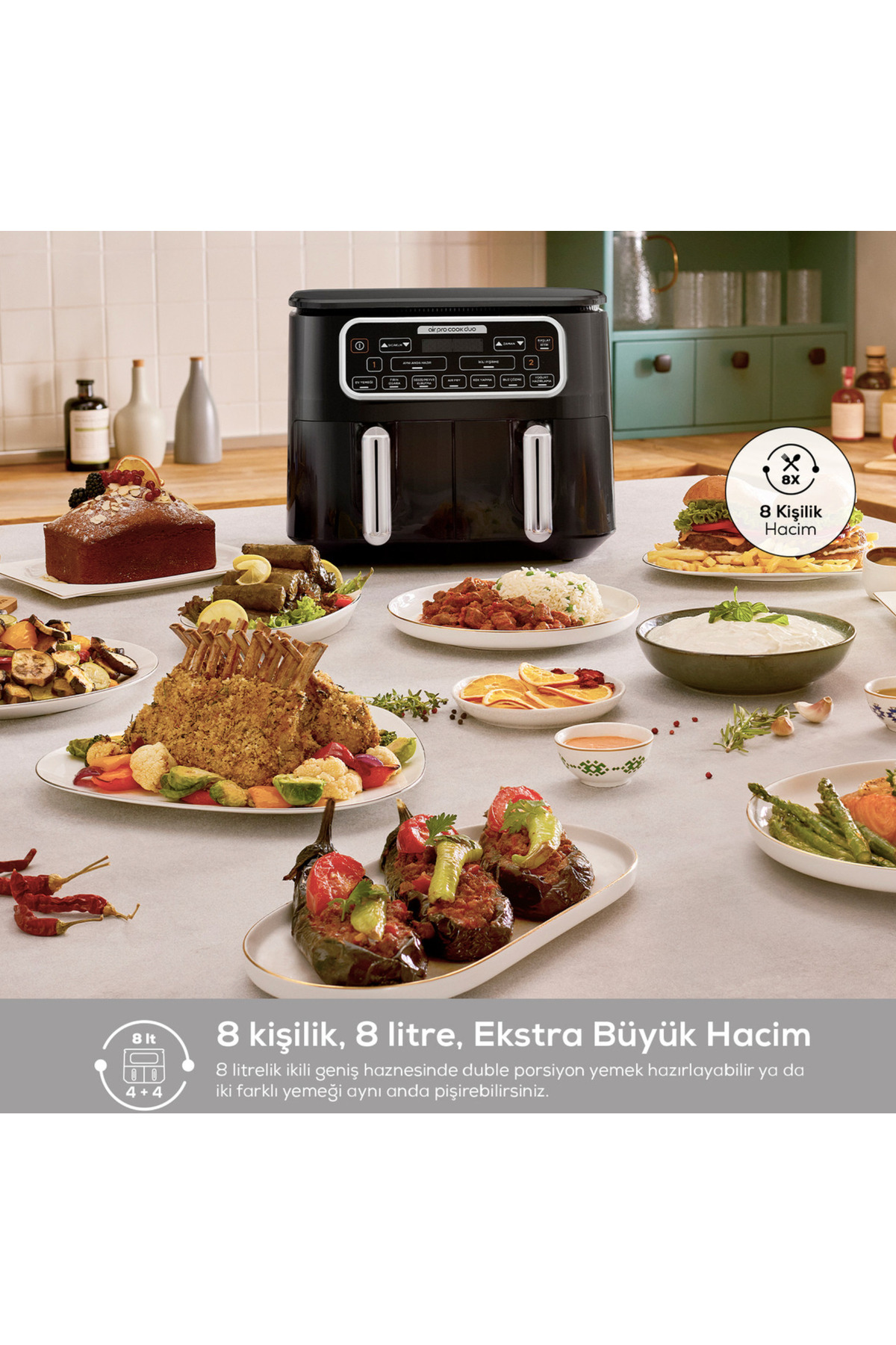 Karaca XXXL Airfryer Black Chrome 8L Geniş Çift Hazneli - Ev Yemeği Fırın Izgara, Kek Yapma Yoğurt Hazırlama