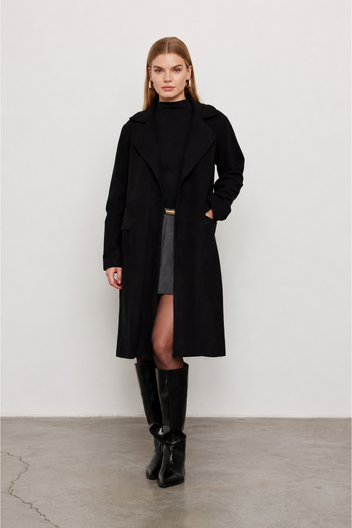 SevdeUgur Kuşaklı Siyah Kaşe Kaban / Collection görsel 2