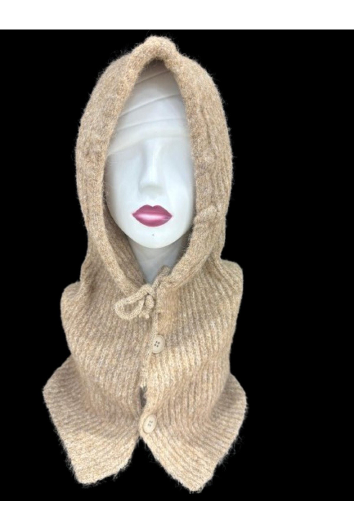 Trend Şapka 14800 Camel Boyundan Geçmeli Yumuşak Dokulu Düğmeli Bağcıklı Balaklava Model Triko Bere görsel 2