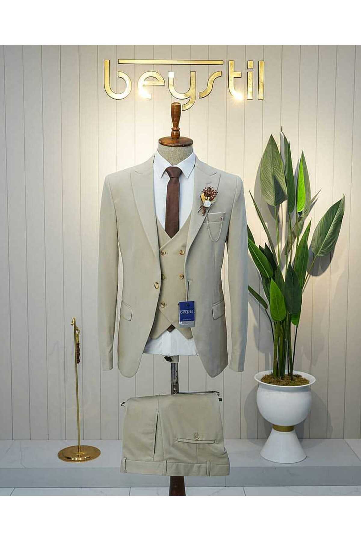Beystil Sivri Yaka Krem Yelekli Takım Elbise Petek -Slim Fit