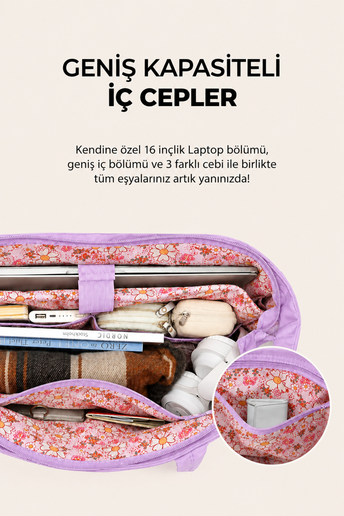 Compeia Kadın Lavanta Puffy Tote Bag Kabarık Kapitone Omuz Çantası Çok Bölmeli Günlük Seyahat ve El Çantası görsel 2