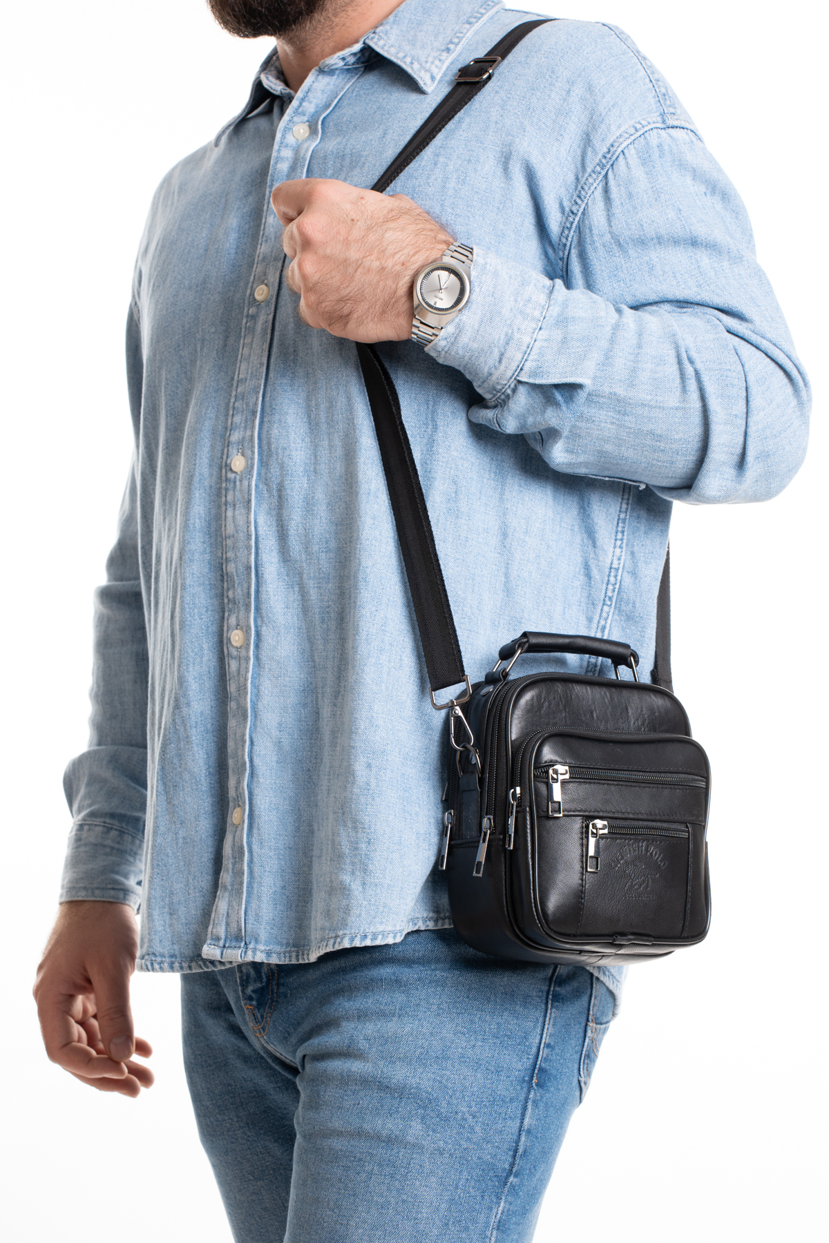 NEWISH POLO ACCESSORIES Erkek Siyah Çelik Kasalı Hakiki Deri El Ve Omuz Çantası Ayarlanabilir Askılı (Küçük Boy) ve Cüzdan görsel 3