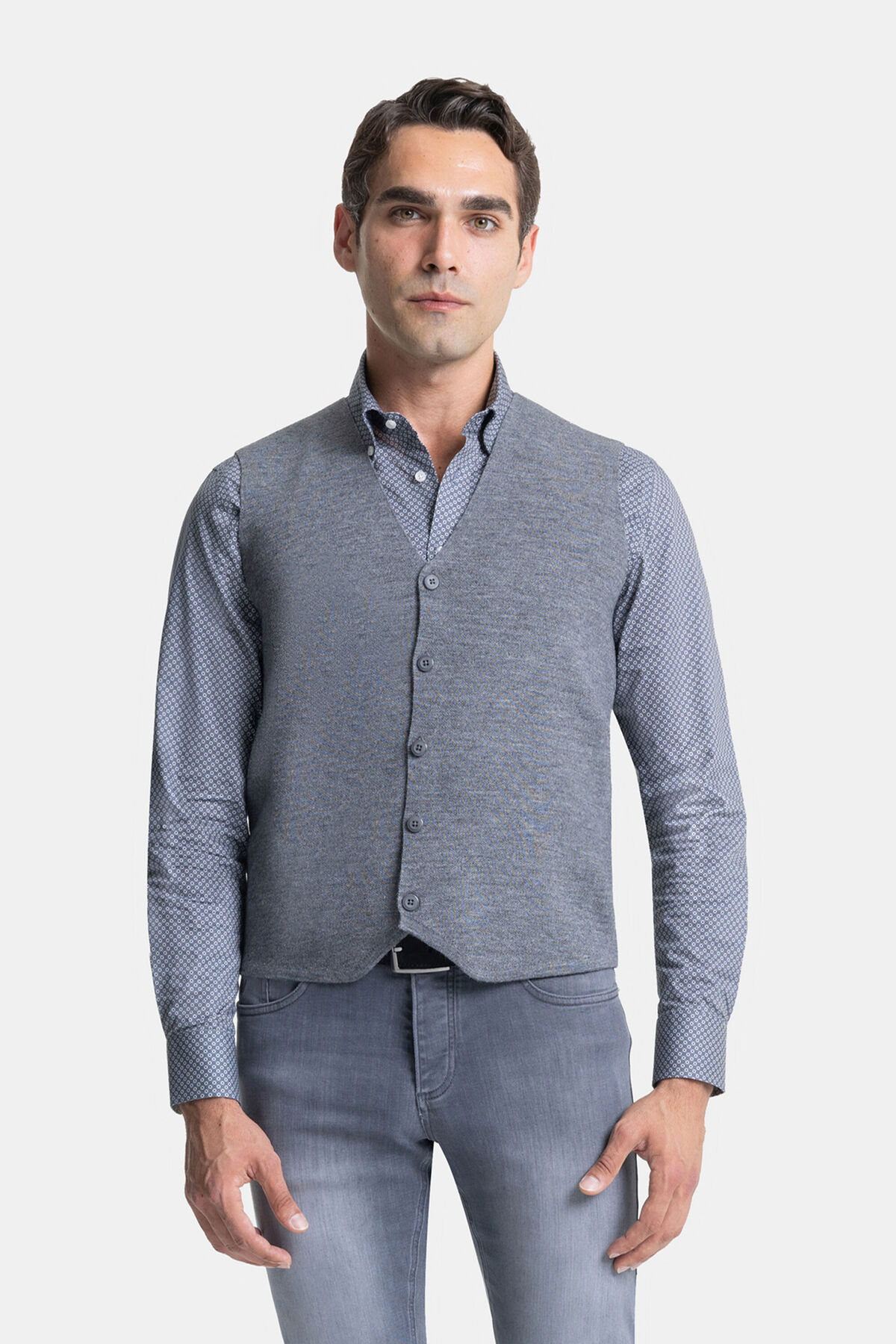 W Collection Gri Melanj V Yaka Düğmeli Yelek görsel 5