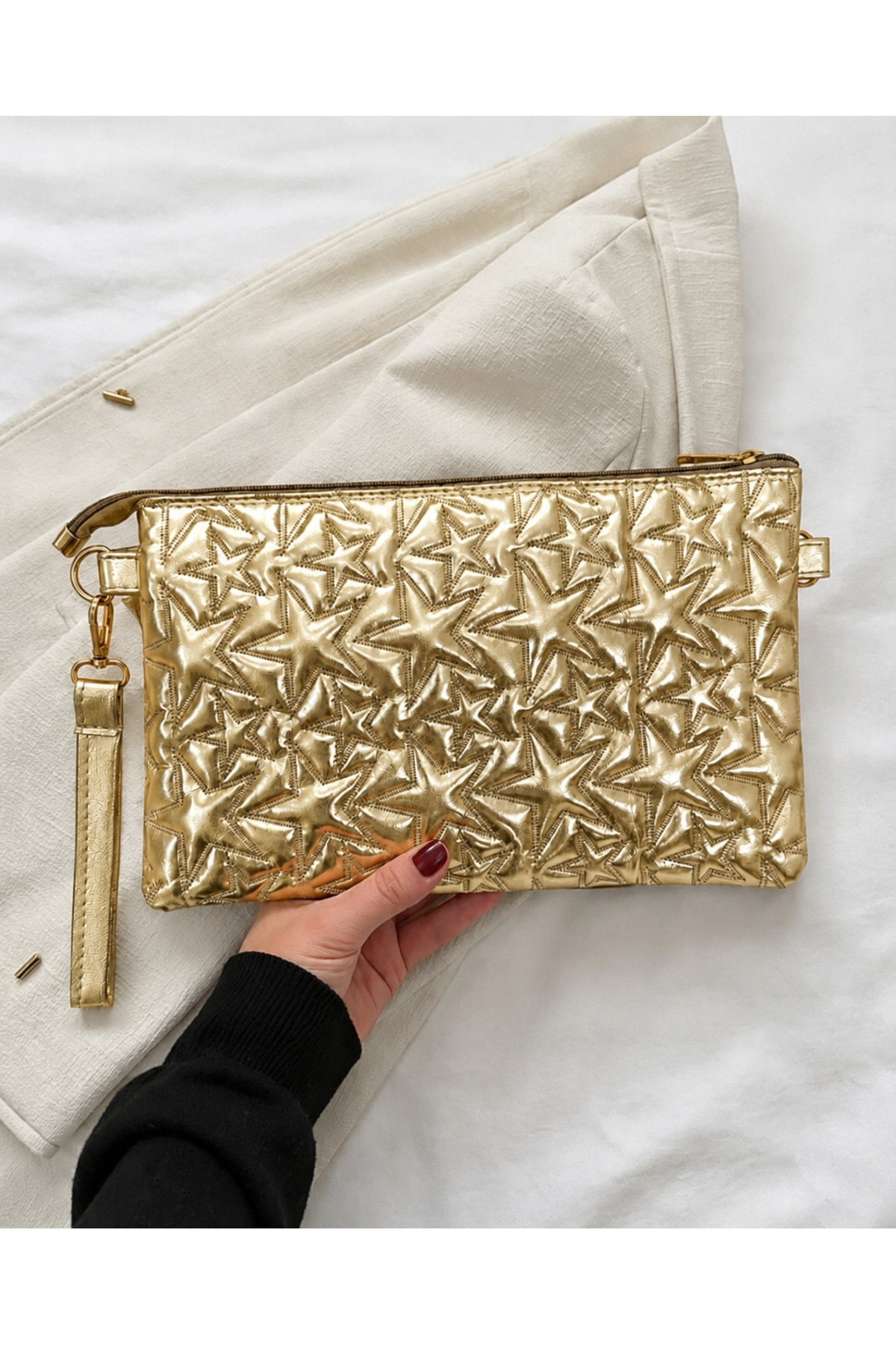 METEBAGS Gold ve Gümüş 2'Li Set Yıldız desenli El & Portföy çantası görsel 2