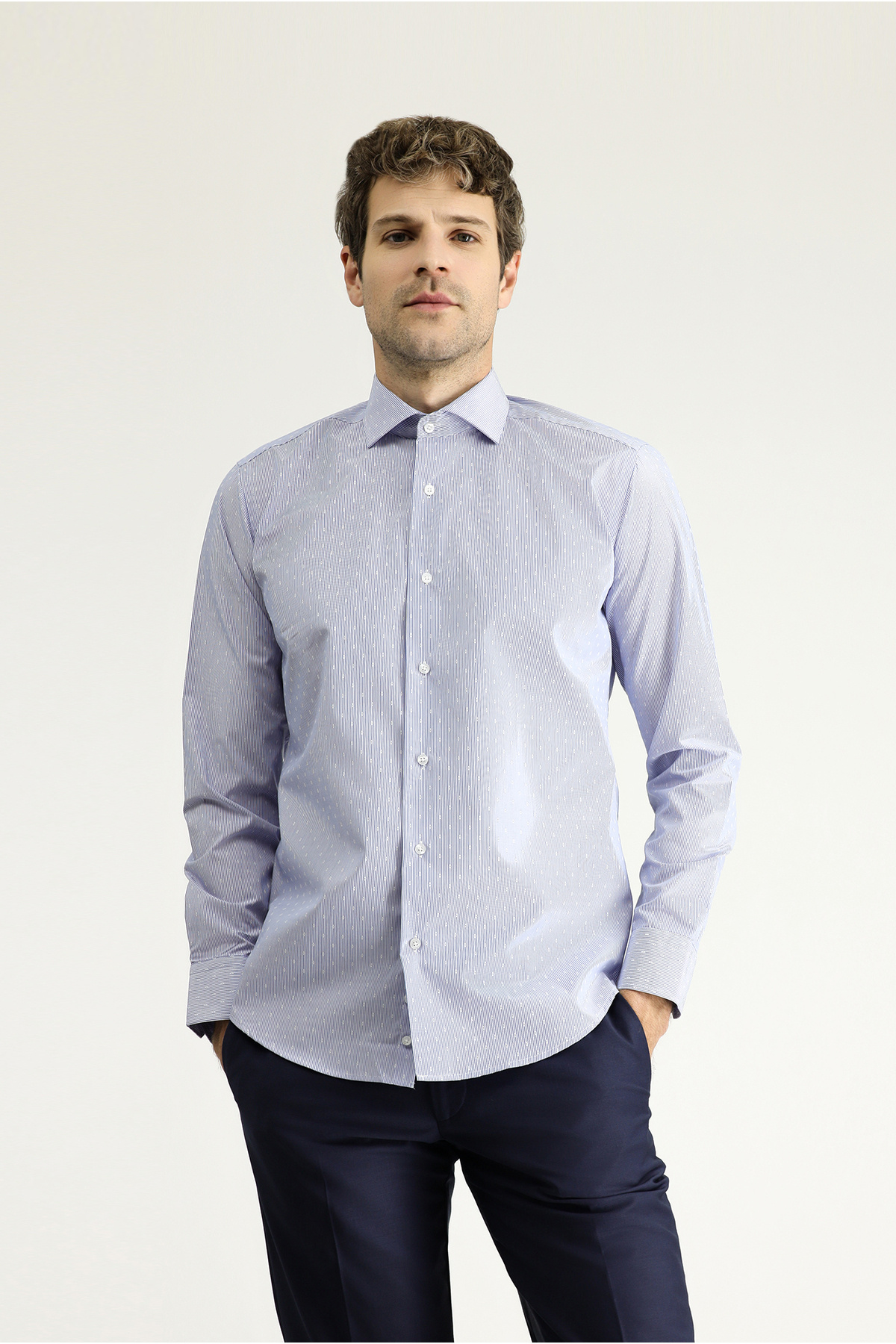 Uzun Kol Slim Fit Dar Kesim Non Iron Klasik Desenli Pamuklu Gömlek — آبی 599358 — تصویر 3 از 6