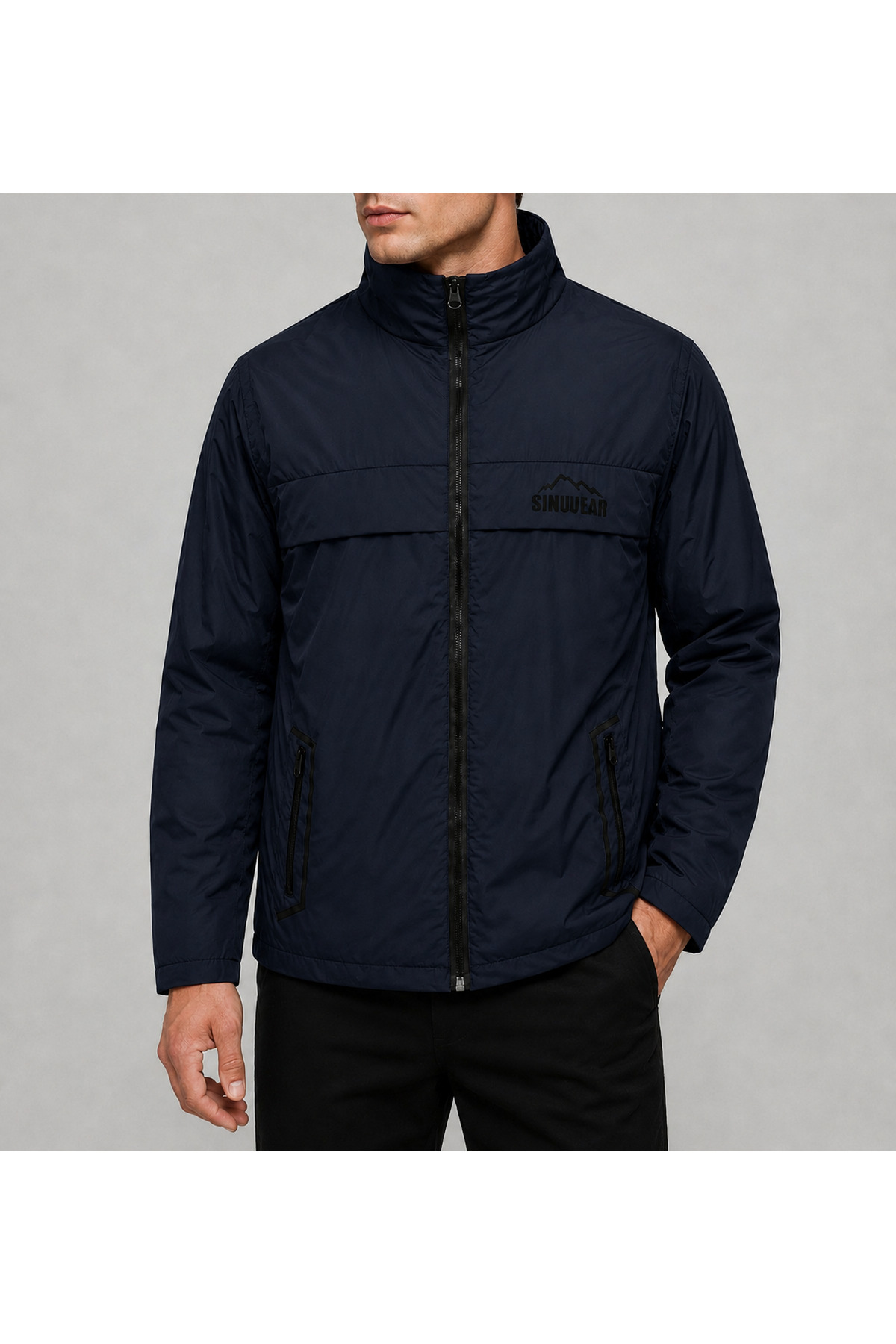Sınwear Erkek Lacivert Baharlık Su ve Rüzgar Geçirmez Mont Dik Yaka Mevsimlik Fermuarlı Spor Outdoor Ceket görsel 3