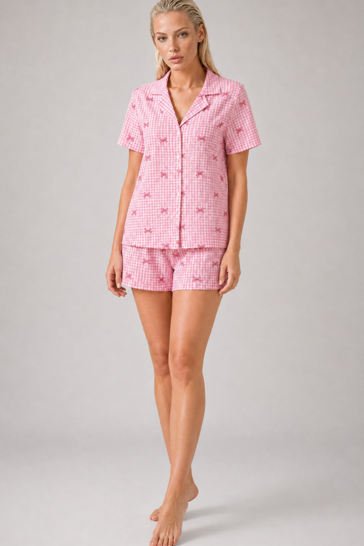 FİT WOMEN Ekose Fiyonk Desenli Şortlu Pijama Takımı Kadın Kısa Kollu Düğmeli Yazlık rahat Pembe Pijama Takımı 4634 görsel 3