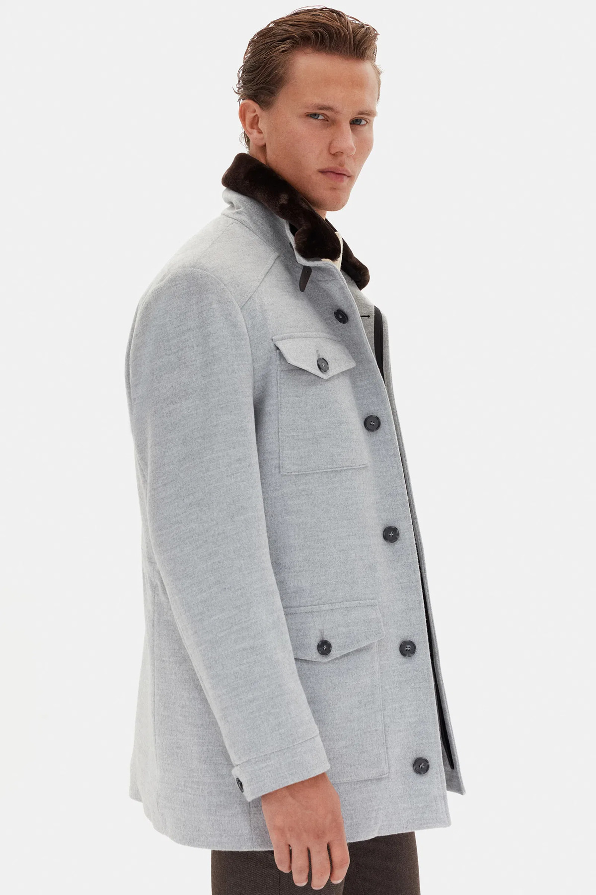 Twn Slim Fit Gri Düz Çıkarılabilir Kürklü Kaban görsel 4