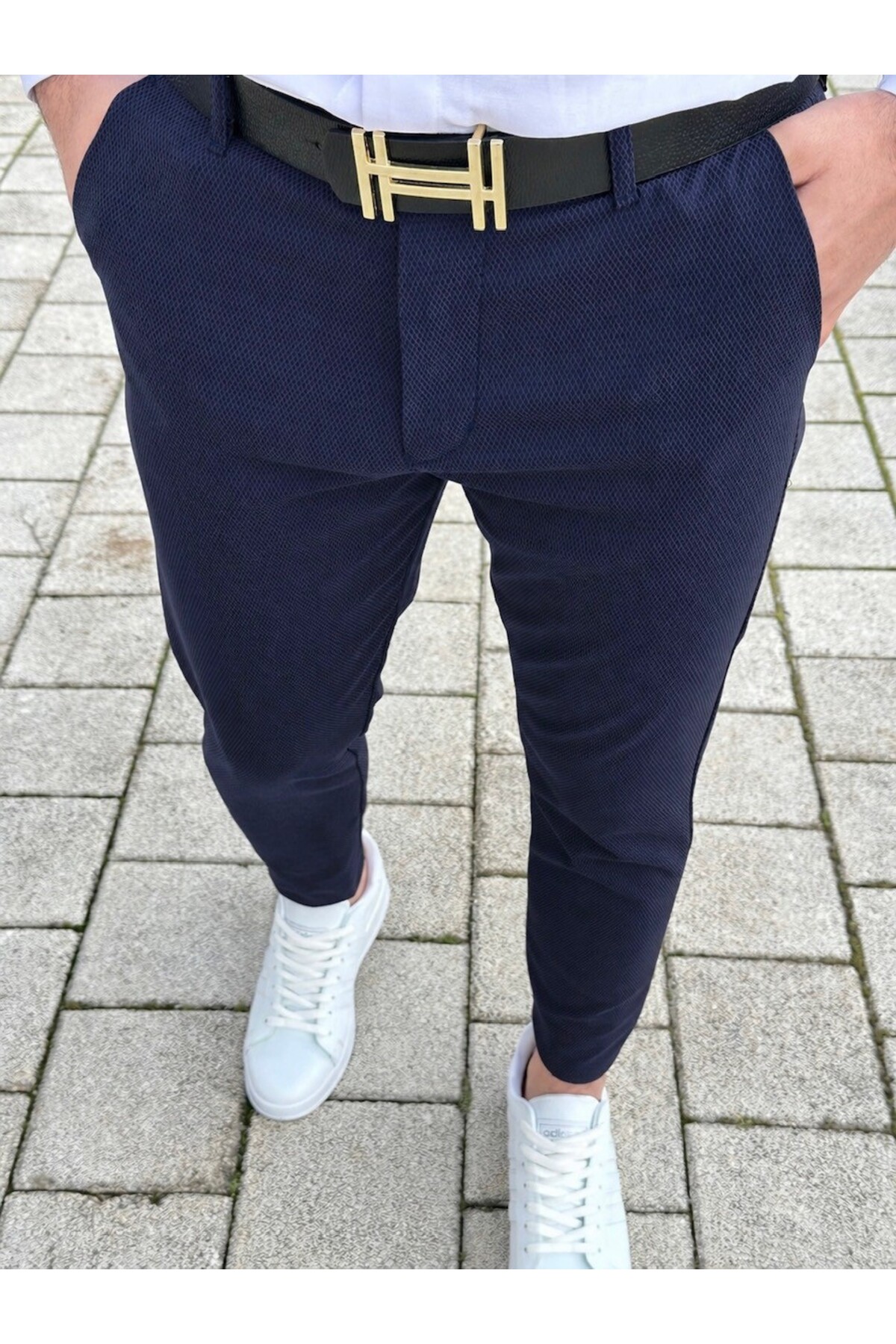 Erkek Lacivert Renk Kaliteli Esnek Likralı Slim Fit Keten Pantolon — سرمهای GUSSİ-102