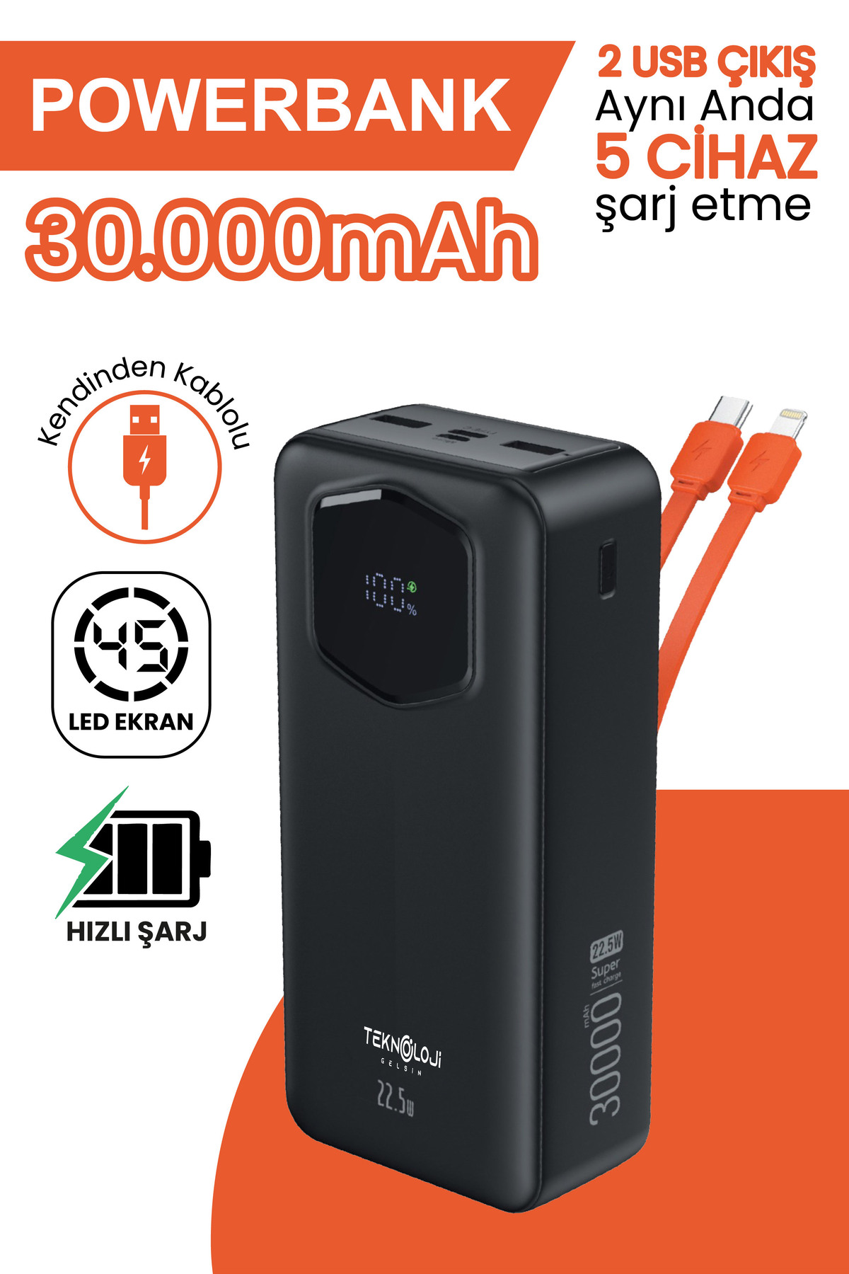 30,000 mAh Fast Charging Powerbank 22.5W Portable Battery with Self Wired Indicator
