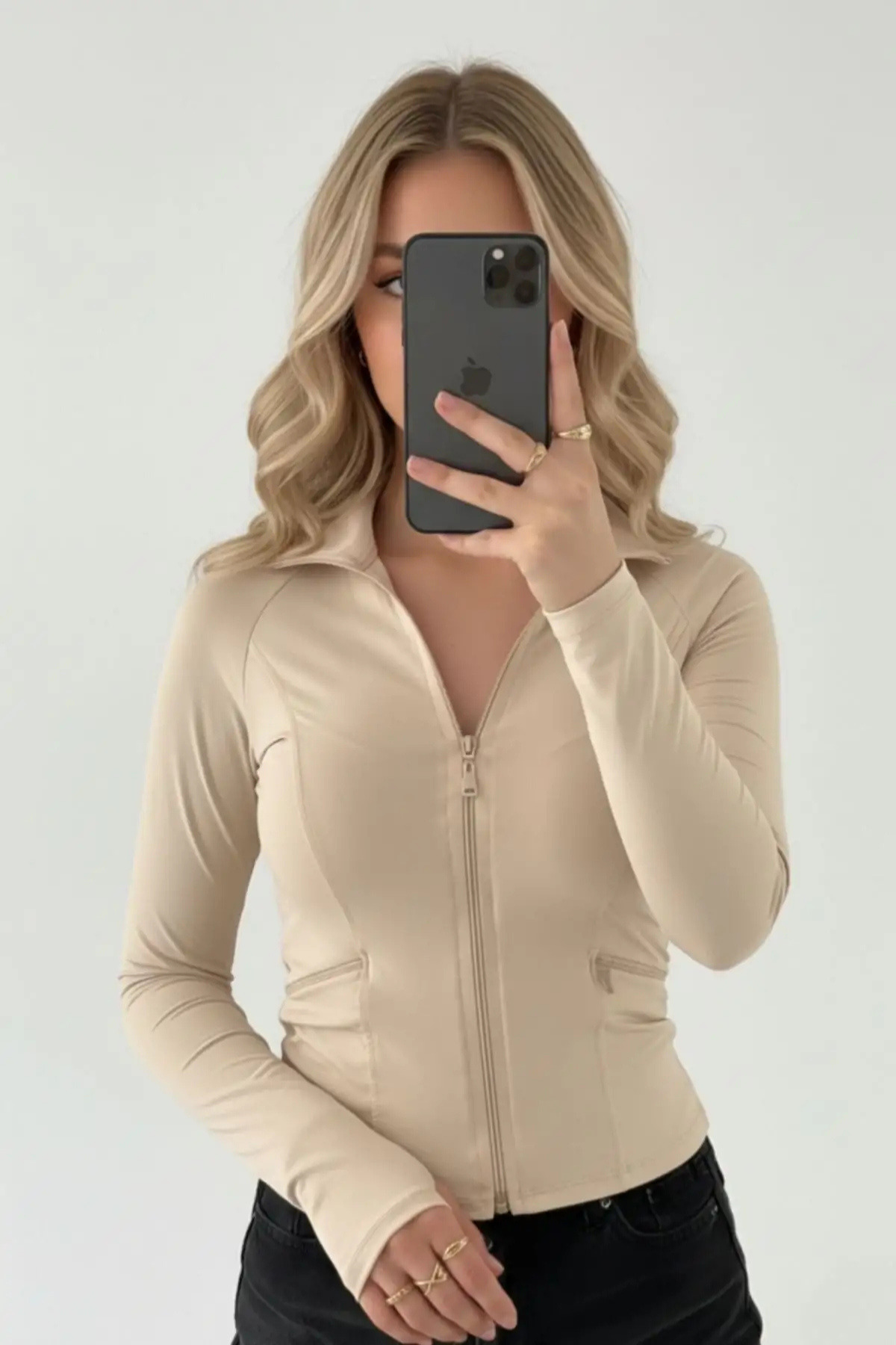 İsra Ayyıldız Moonstar Collection Cepli Mom Parmak Delikli Basic Slim Fit Range Rover Street Y2K Crop Hırka görsel 2