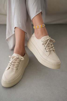 selin shoes Peinta Yüksek Tabanlı Bağcıklı Kadın Sneaker- BEJ