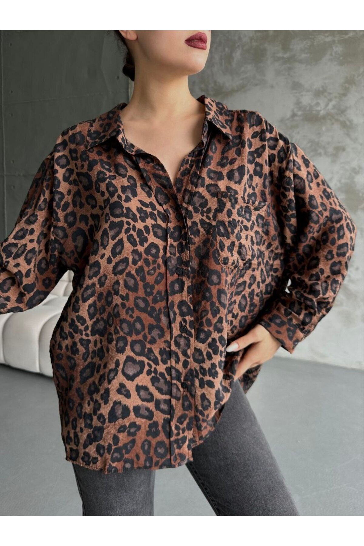 franky B Kadın Leopar Desenli Oversize Gömlek
