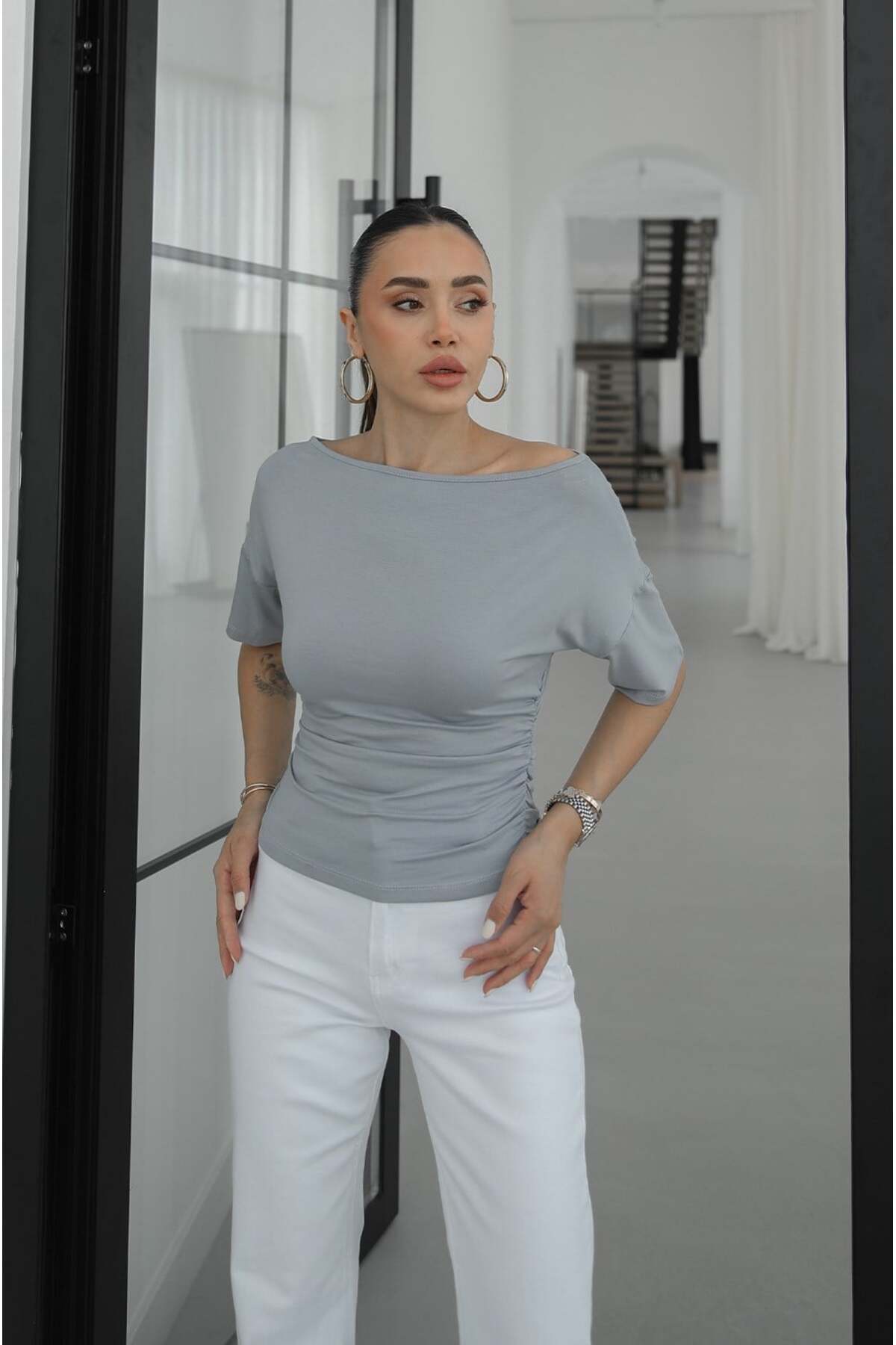 Gray Blue Lenni Wide Neck Blouse