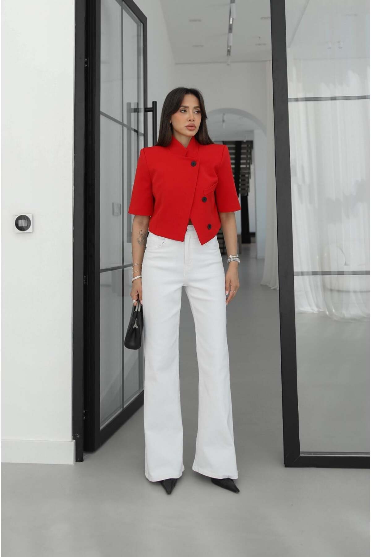 Havoş  Kırmızı Kısa Kollu Crop Blazer Ceket - Görsel 4