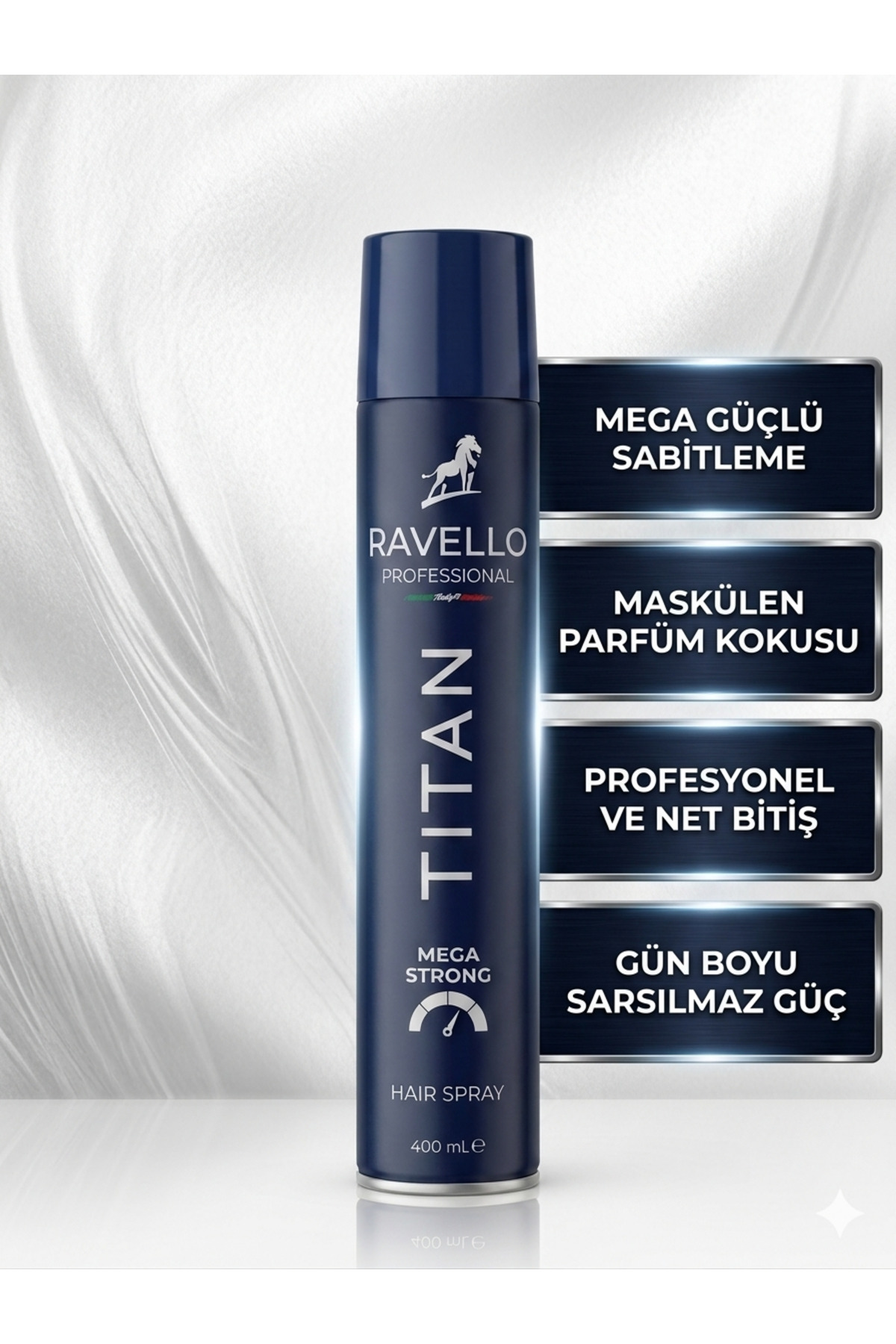 RAVELLO Titan Mega Strong Saç Spreyi 400 ml – Net Duruş, Sarsılmaz Güç ve Karizmatik Koku — RAV-SPR-ULT-400