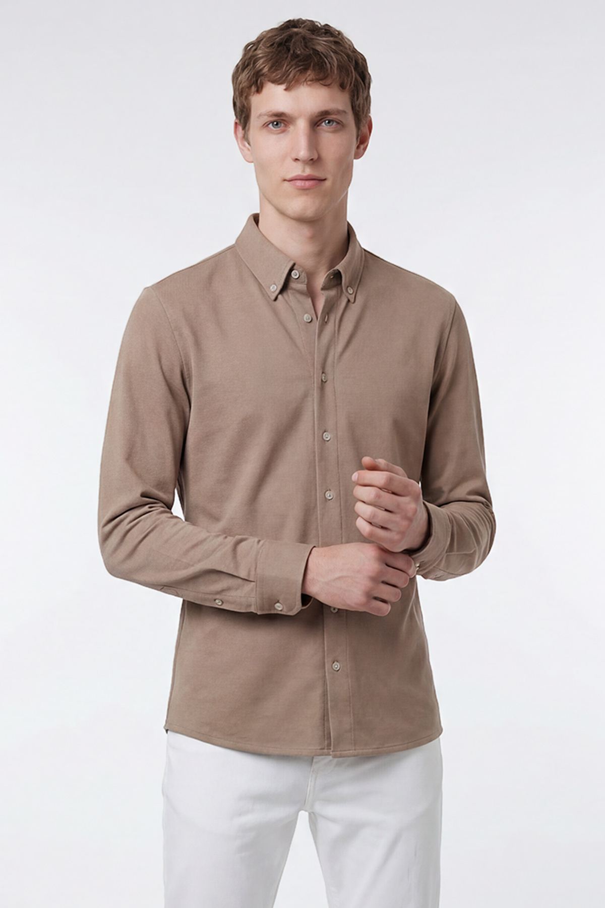 Men's Mink Cotton Tailored Slim Fit Slim Fit Buttoned Collar Knitted Shirt