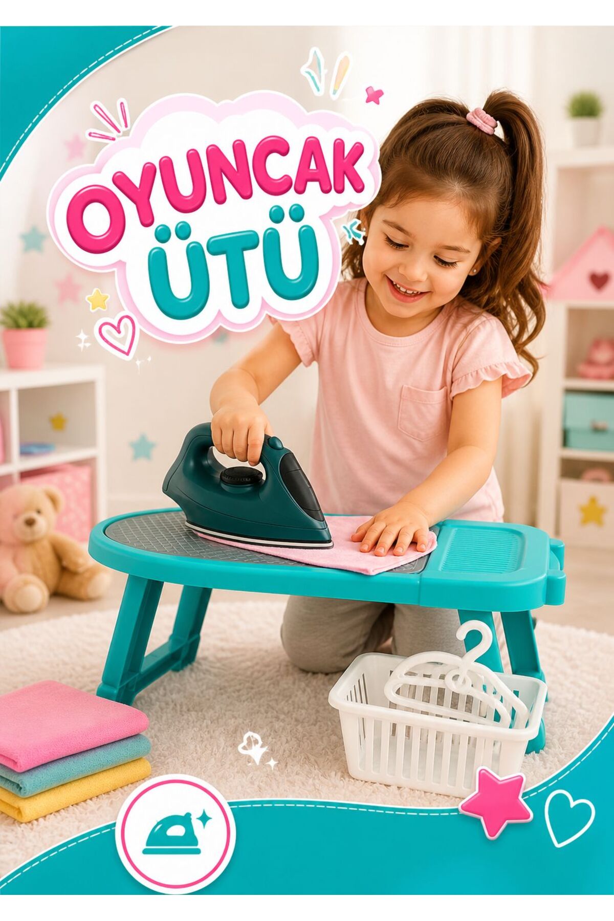 SAZE Oyuncak Ütü Seti Mini Ütü Masalı Askılı Sepetli Eğitici Rol