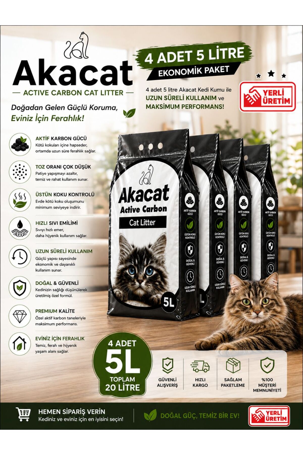 AKACAT Aktif Karbonlu Süper Topaklanan Premium 4x5 Lt