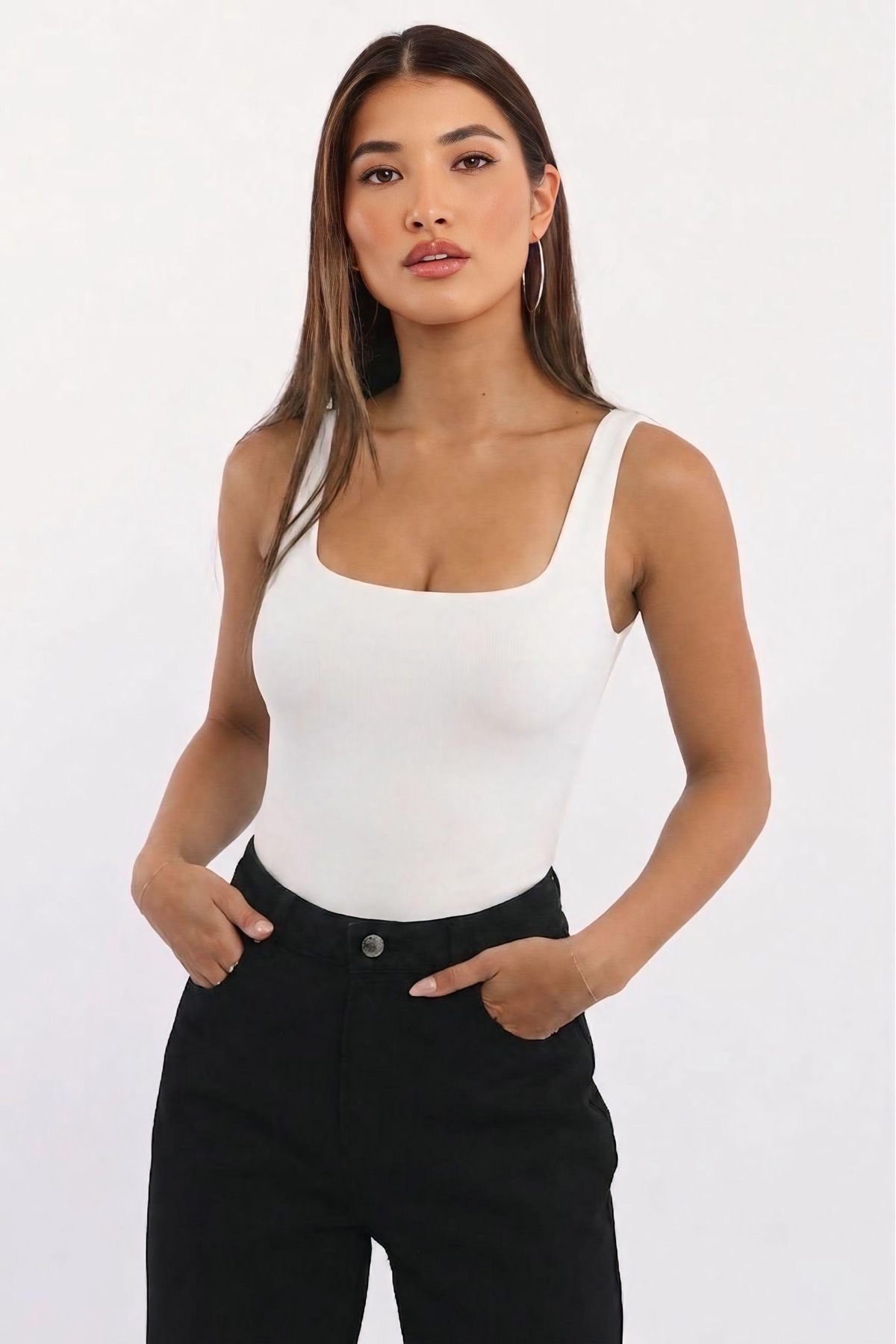 Women's Premium Square Neck White Bodysuit with Snap Fastener