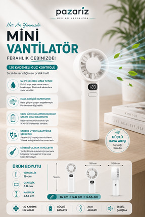 pazariz Türbin El Fanı Vantilatör Taşınabilir Turbo El Fanı Dijital Göstergel...