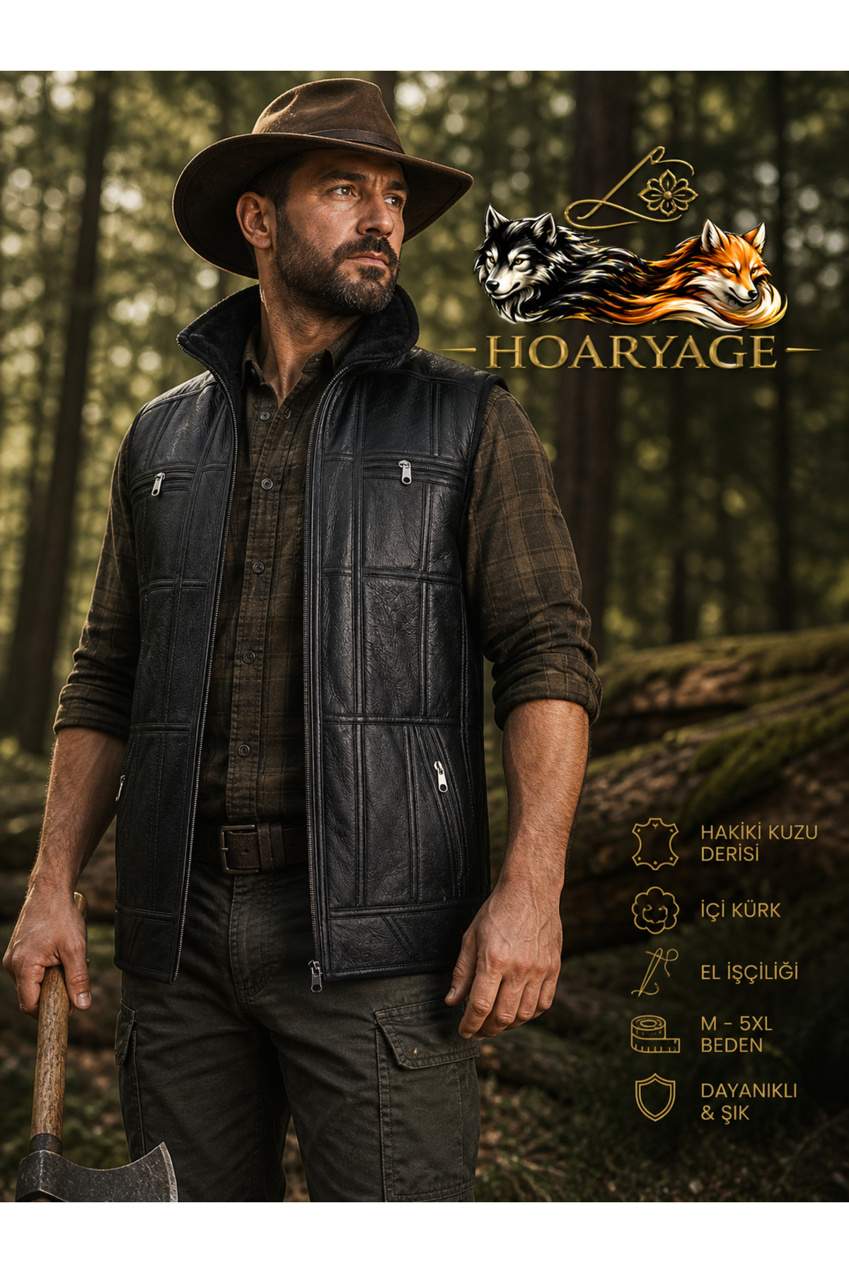 hoaryage Erkek PatchWork İçi Kürk, Dışı Hakiki Deri Koyun Yünü Yakalı Biye ve Triko Detaylı Yelek