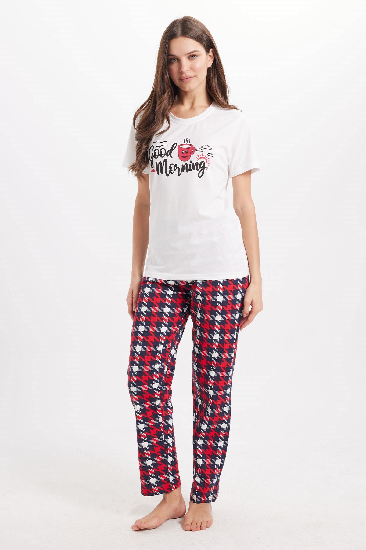 Tudors Women's Regular Fit Classic Cut Cotton Crew Neck Short Sleeve Printed White Pajama Set