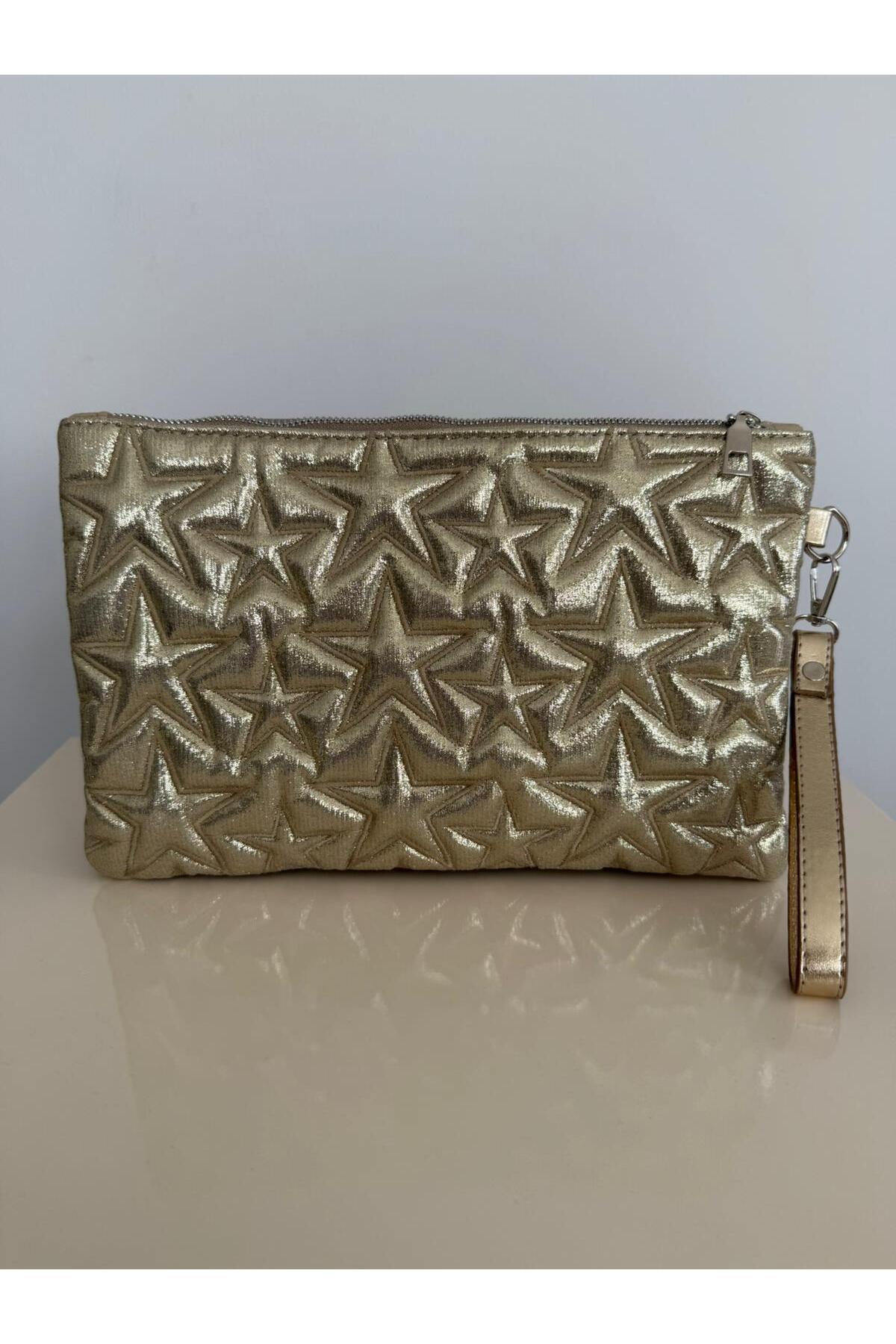 melecco Yıldız Dikişli Clutch Star Kadın Çanta Simli Gold Yıldız Desenli Gold Parlak Portföy & Clutch Çanta Çıkarılabilir Bileklik Askılı görsel 5