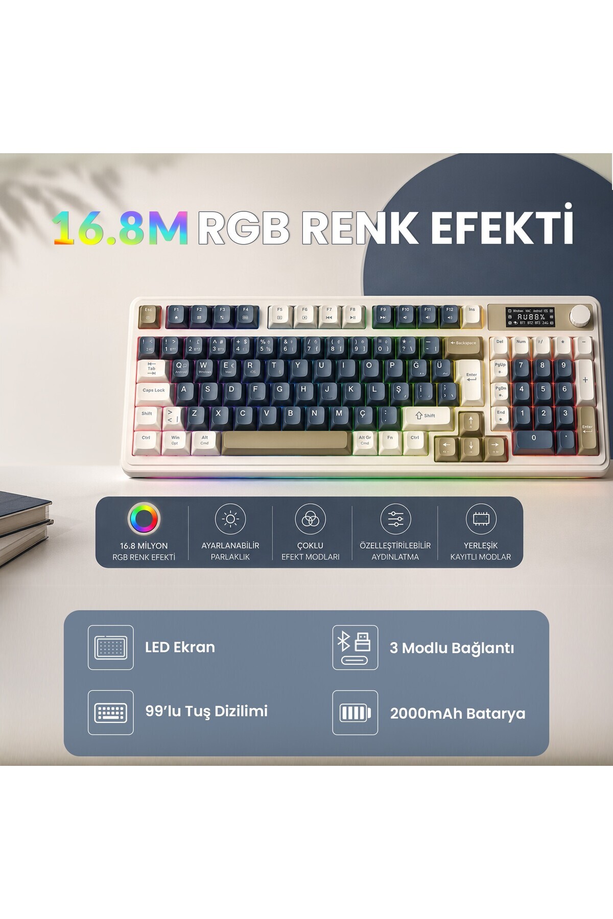 کیبورد بی‌سیم ماکرو ترکی S99 Pro Retro RGB Gaming 3 مدلی بلوتوث/2.4GHz/USB-C لاجوردی