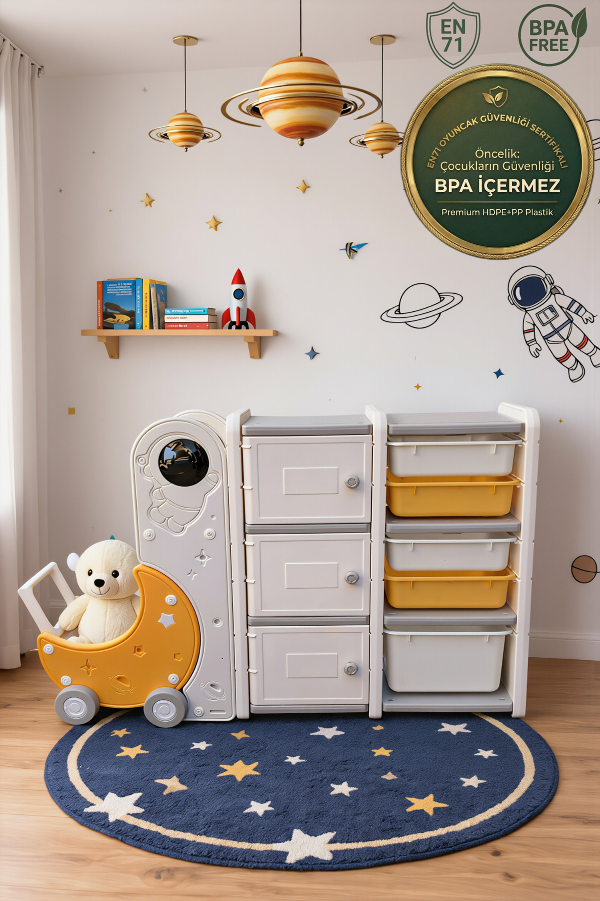 LittleMolly ホワイト 20インチ　1回使用 CREALISOL Montimoon Astronot Figürlü Çekmeceli Sepetli Montessori