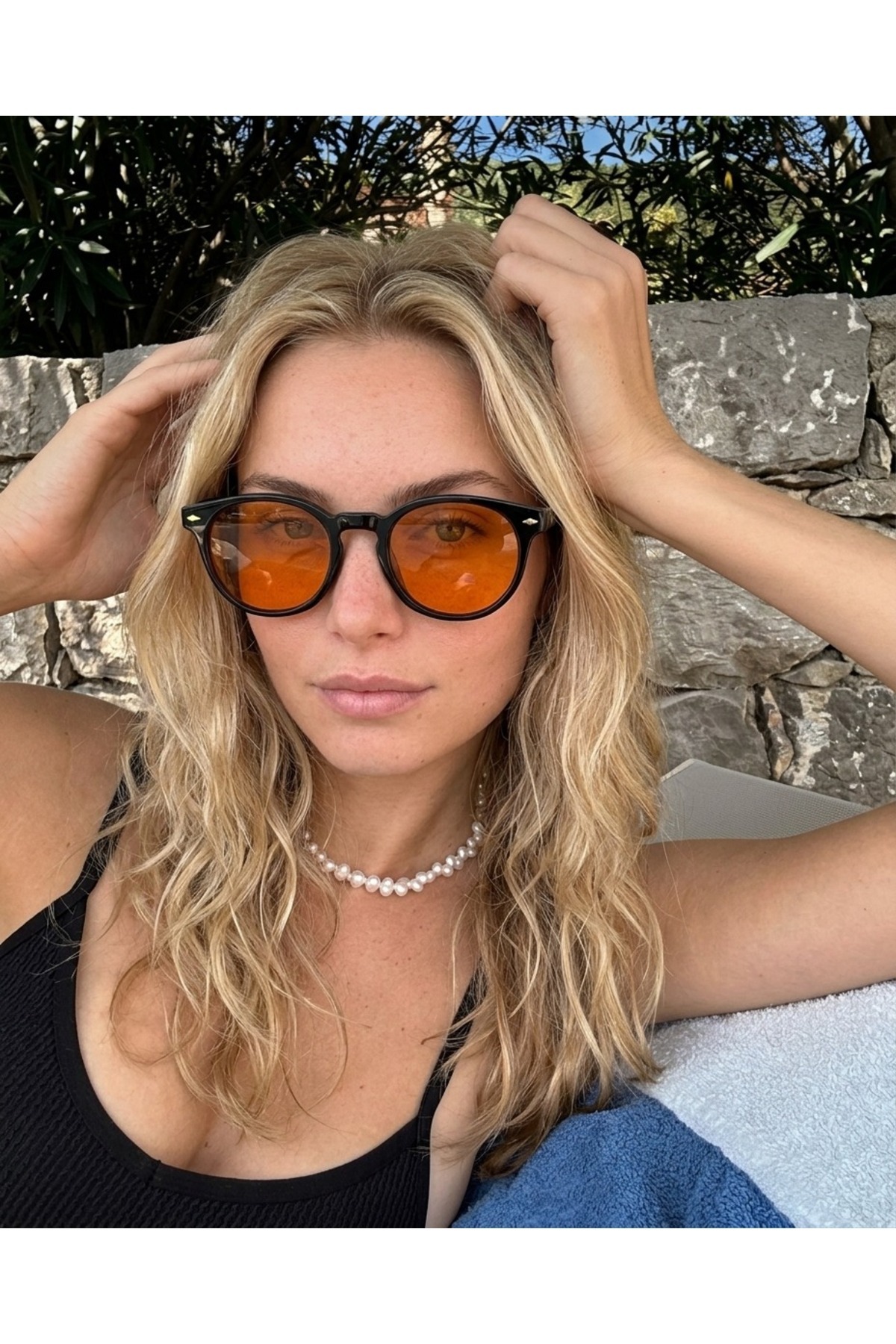 funeyes Brina Yuvarlak Unisex Siyah Turuncu Camlı Güneş Gözlüğü Erkek Kadın görsel 3