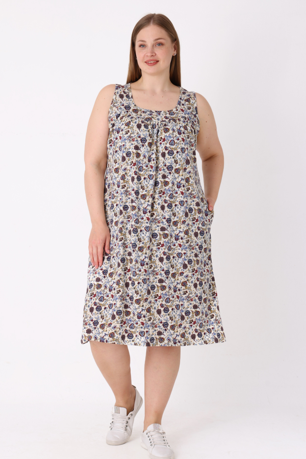 Women's Plus Size Patterned Cotton Dress with Strap Pocket