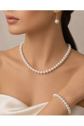 Arescollection 8 MM LÜX BEYAZ İNCİ KOLYE BİLEKLİK KÜPE KADIN TAKI SETİ gold k...