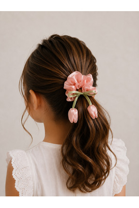 LittleBabyy Pudra Saten Lale Detaylı Scrunchie