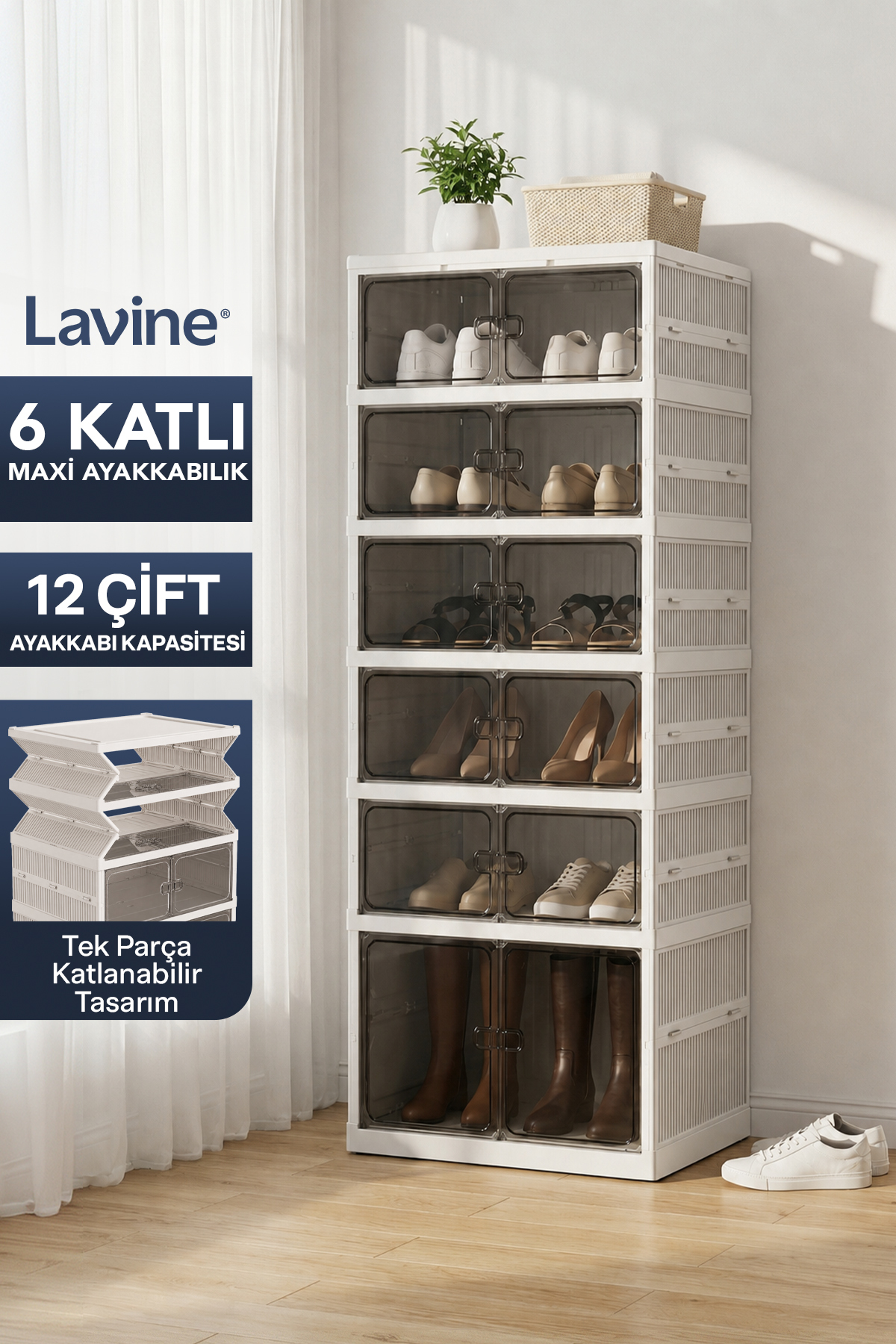 Lavine 6 Katlı Akordiyon Ayakkabılık 12 Çift Ayakkabı Kapasiteli