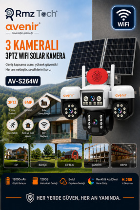 Avenir S264W 3 Kameralı 3PTZ WiFi Solar Güvenlik Kamerası ÇİFT GÜNEŞ PANELLİ