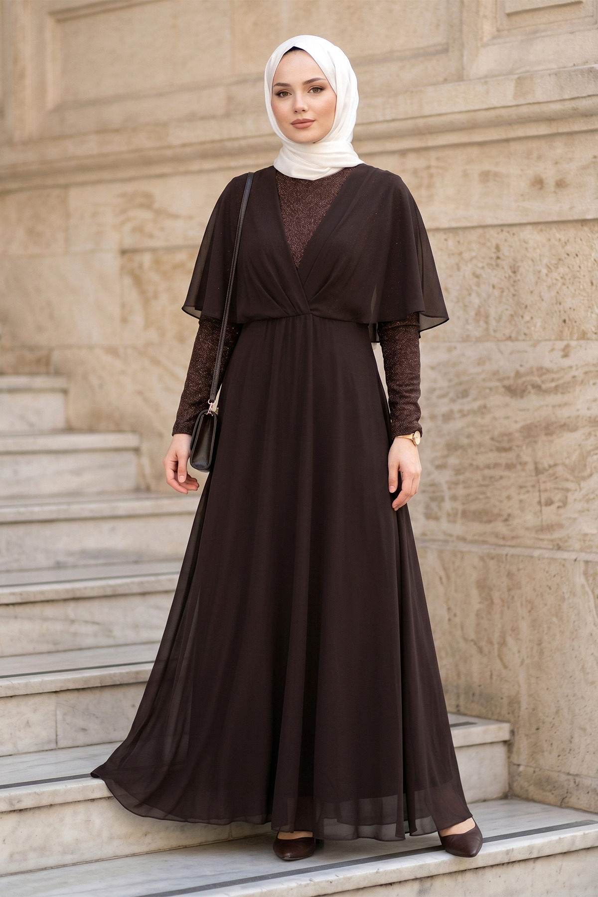 Glitter and Tulle Detailed Lined Chiffon Evening Dress Special Day Dress - Brown