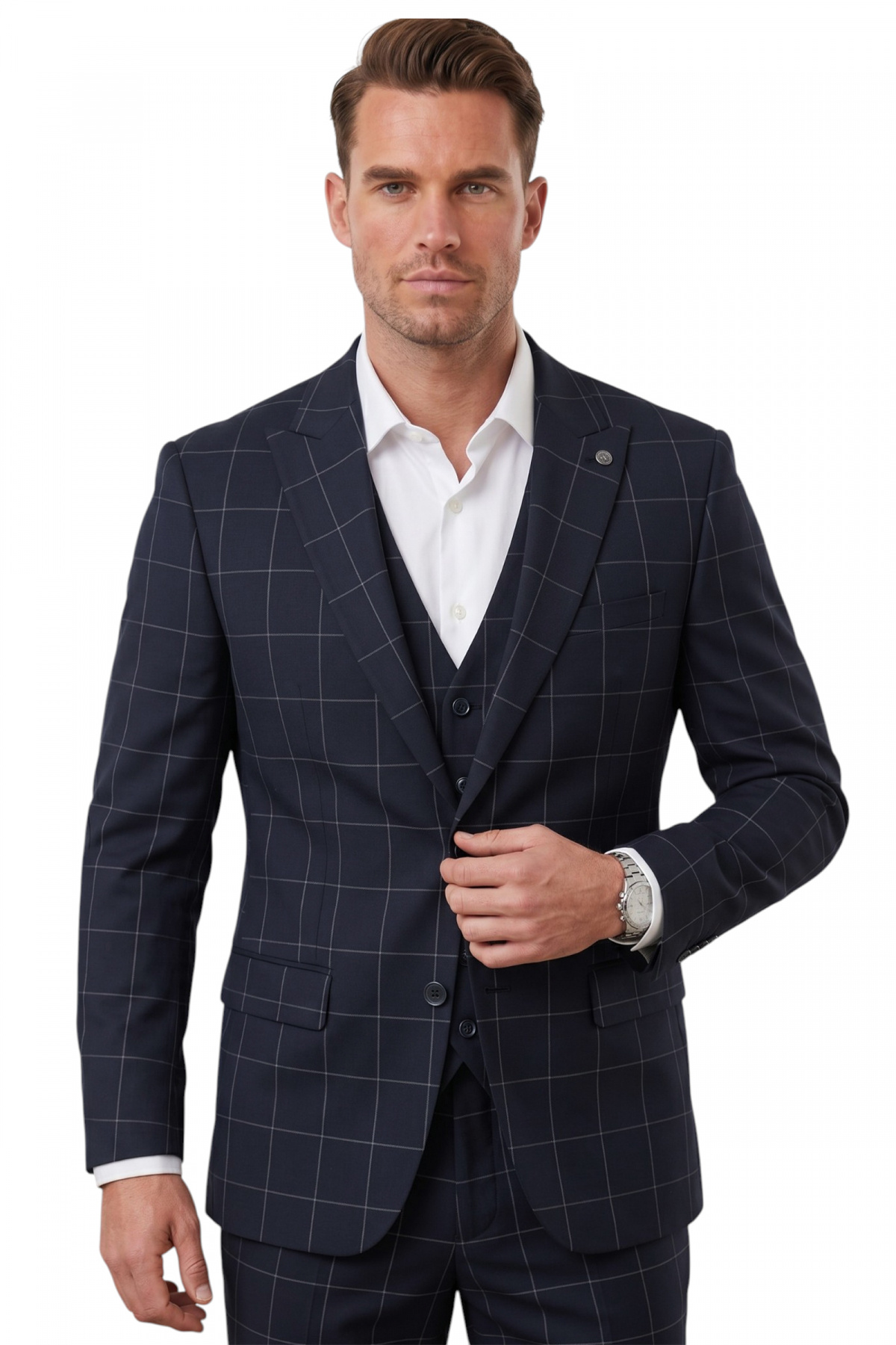 Rizz up Men's Dark Navy Blue Slim Fit 3-Piece Suit - Plaid Pattern Double Button Suit with Vest 26005