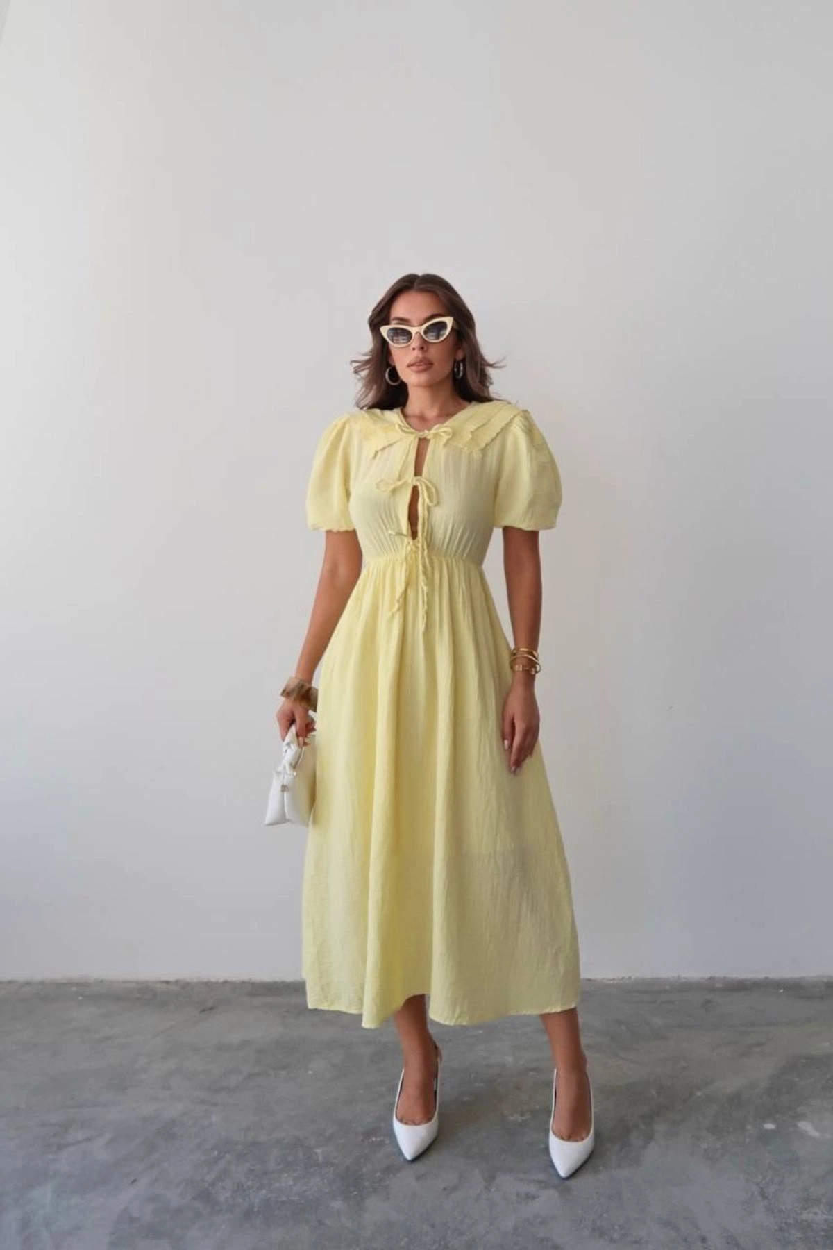 URİS Women's Summer Yellow Stylish Doll Collar Detailed Lined Muslin Fabric Short Sleeve Summer Dress