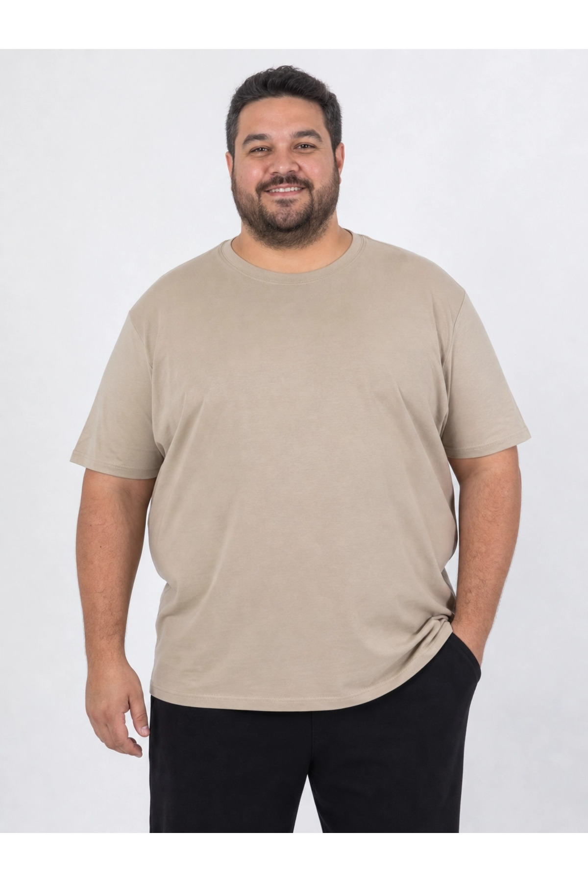 brz braazi Bej Erkek Büyük Beden Pamuklu Likralı Bisiklet Yaka T-Shirt görsel 4