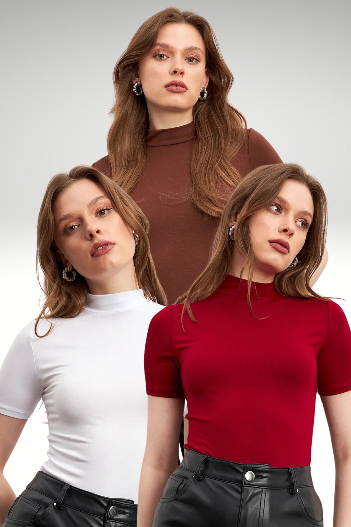 Women's 3-Pack White Navy Blue Claret Red Short Sleeve Blouse