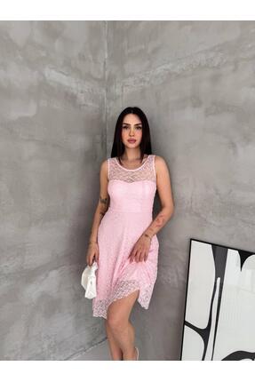 Genel Markalar Kadın Pembe Renk Dantel Detaylı Astarlı Kolsuz Midi Boy Şık El...