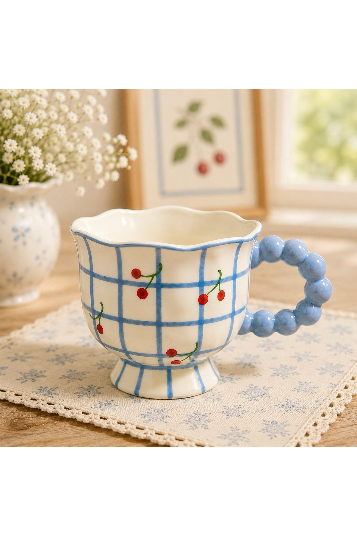Cherry Patterned Blue Striped Handmade Ceramic Mug - Blue Coffee Mug with Handles