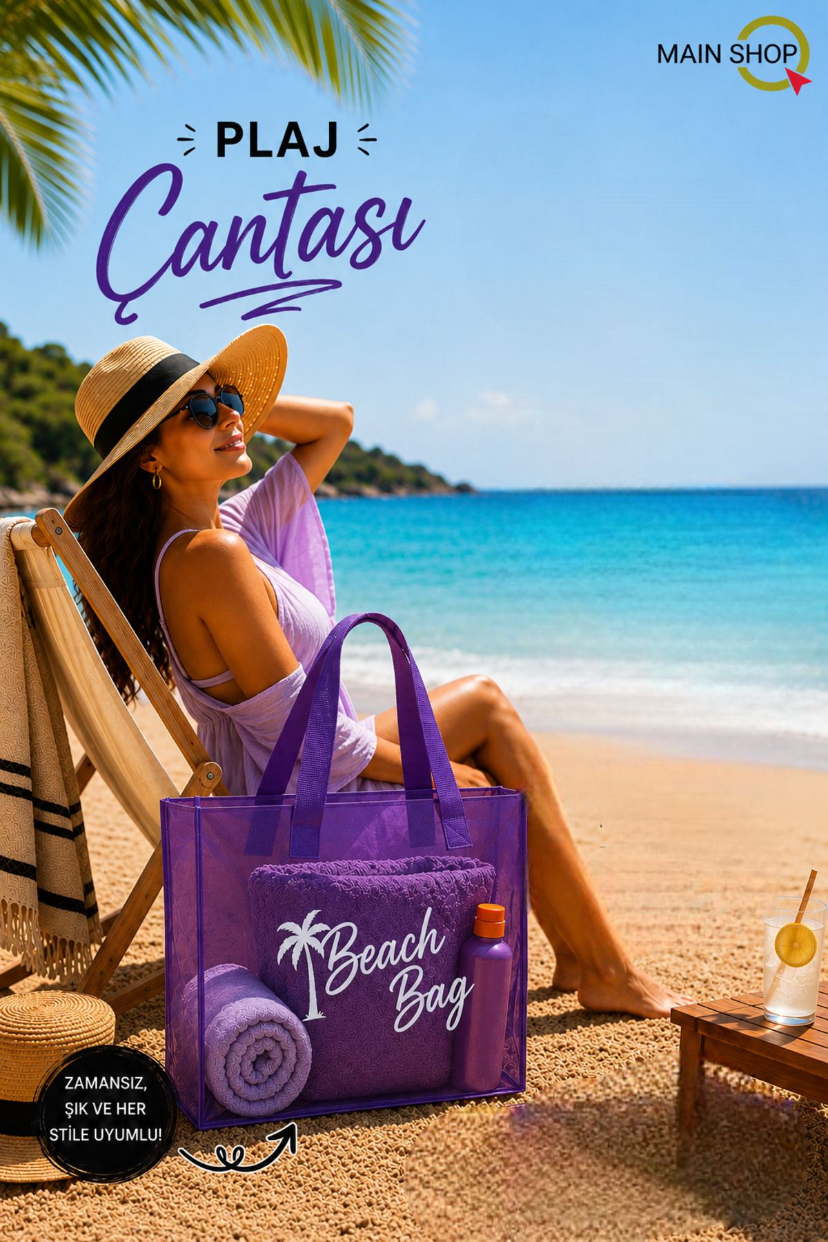 MAİN SHOP Büyük Boy Beach Bag Mor Şeffaf Deniz Plaj Çantası M-PLJ02 görsel 6