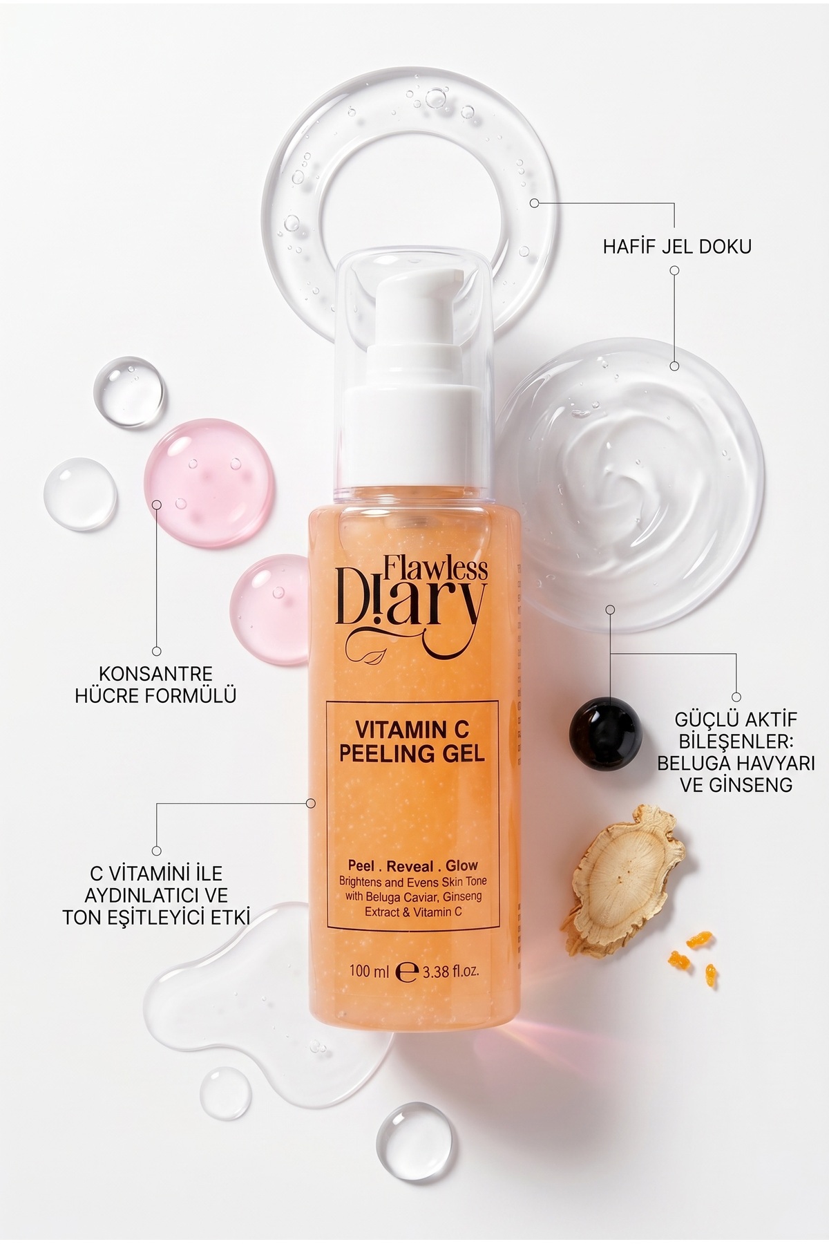 Aydınlatıcı C Vitamini Peeling Jel 100ml Havyar Ginseng Özü 100ML — FD-GEL-VITC-100ML-M46 — تصویر 3 از 6