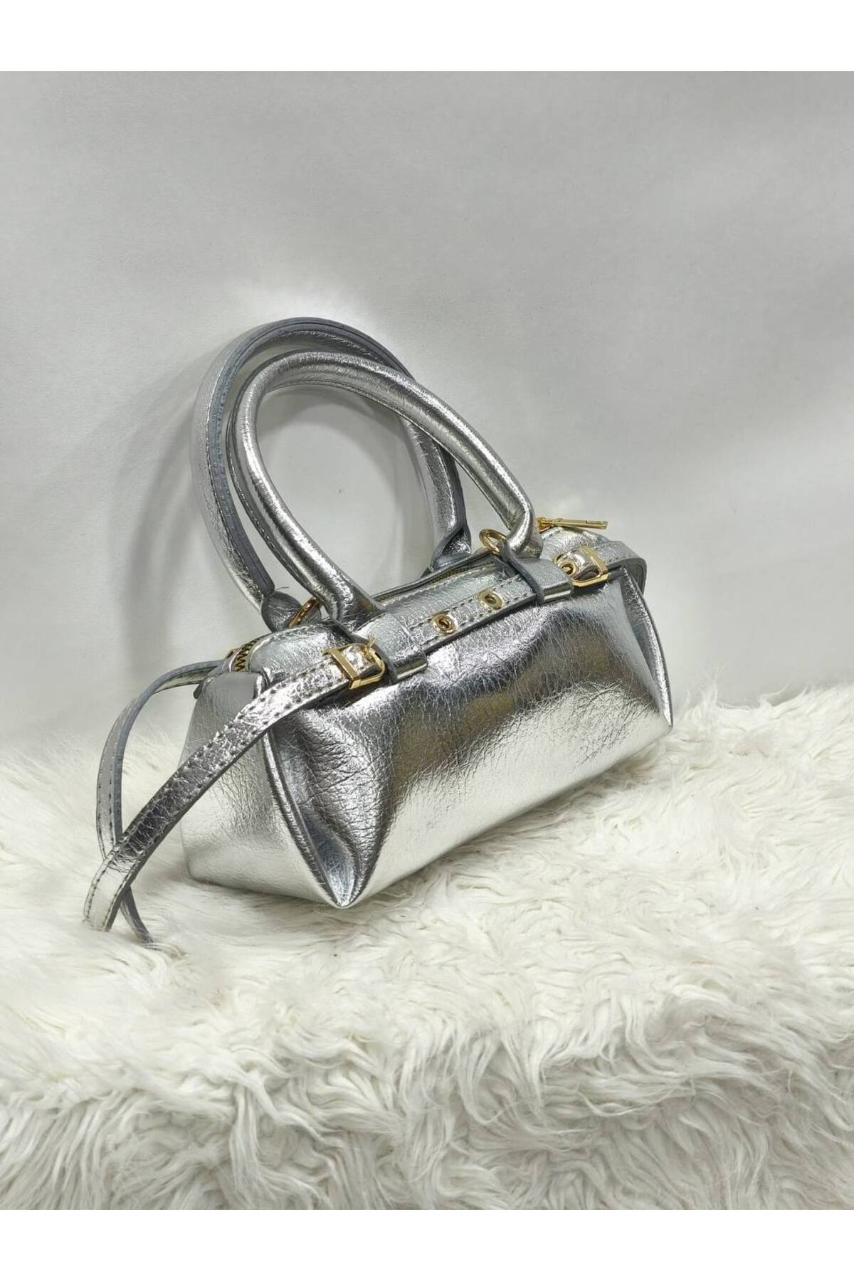 Women's Hand and Shoulder Bag with Long Cross Strap with Small Belt Detail (24cm*10cm)