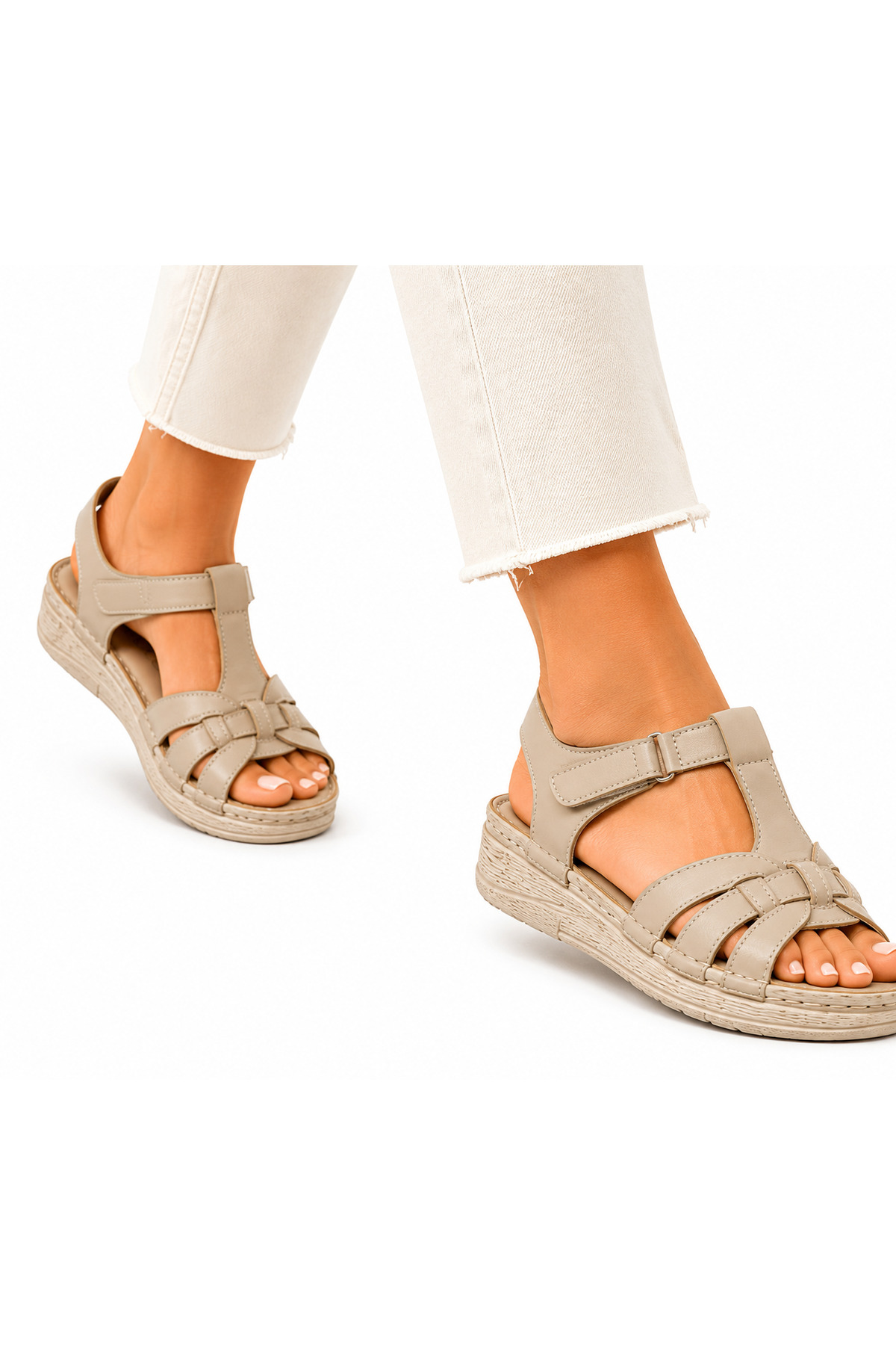 Cooka Shoes %100 Hakiki Deri Kadın Sandalet – Dolgu topuk - Anatomik Taban Günlük Rahat Kullanım – Bej